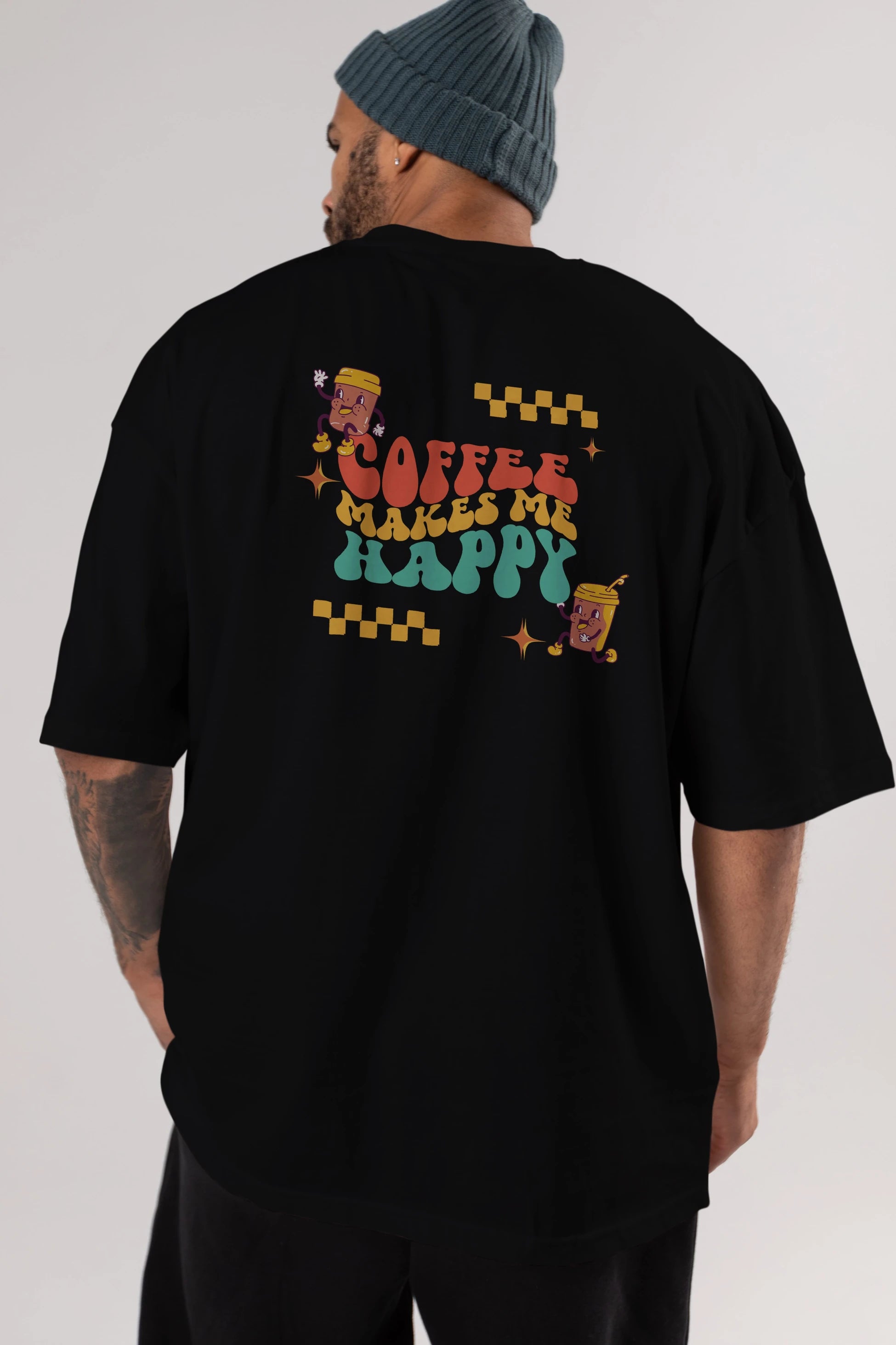 Coffee Makes Me Happy Yazılı Arka Baskılı Oversize t-shirt Erkek Kadın Unisex