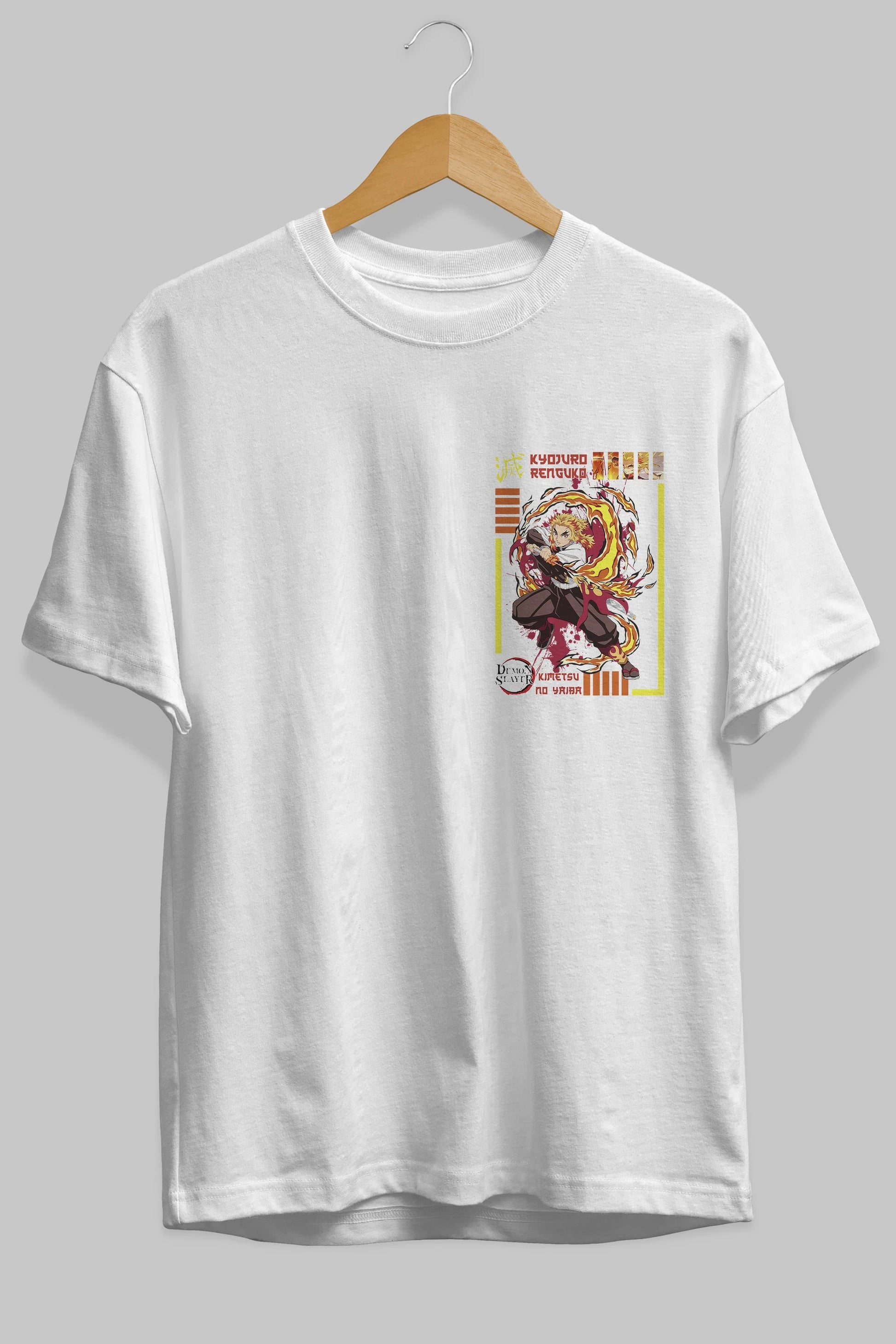 KYOJURO RENGOKU Ön Sol Baskılı Oversize t-shirt Erkek Kadın Unisex %100 Pamuk Bisiklet Yaka tişort