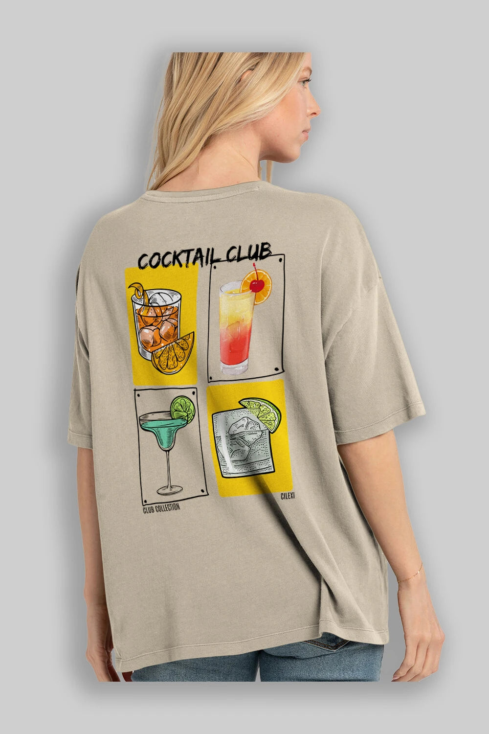Cocktail Club Arka Baskılı Oversize t-shirt Erkek Kadın %100 Pamuk Bisiklet Yaka tişort