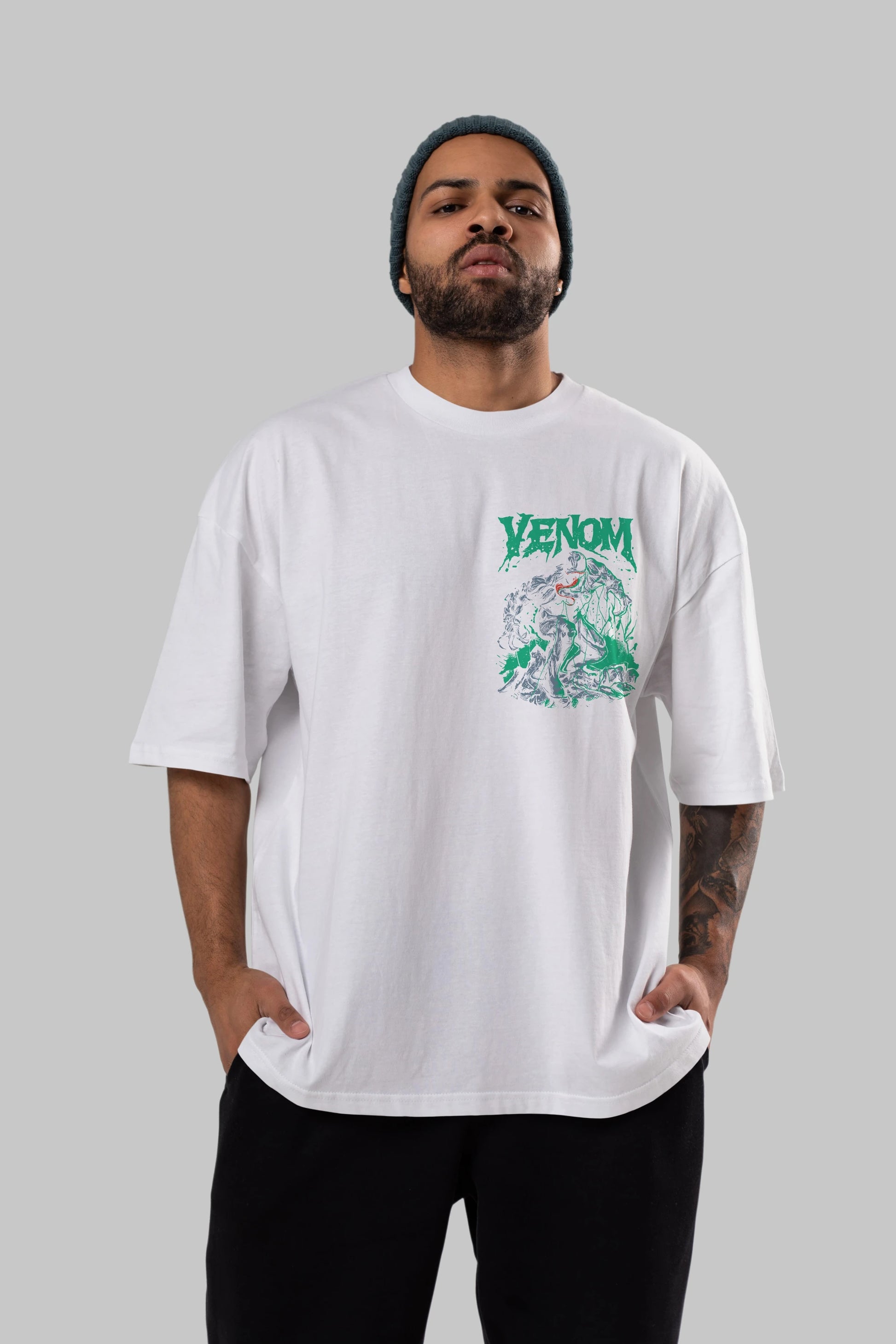 Venom (3) Ön Sol Baskılı Oversize t-shirt Erkek Kadın Unisex %100 Pamuk Bisiklet Yaka tişort