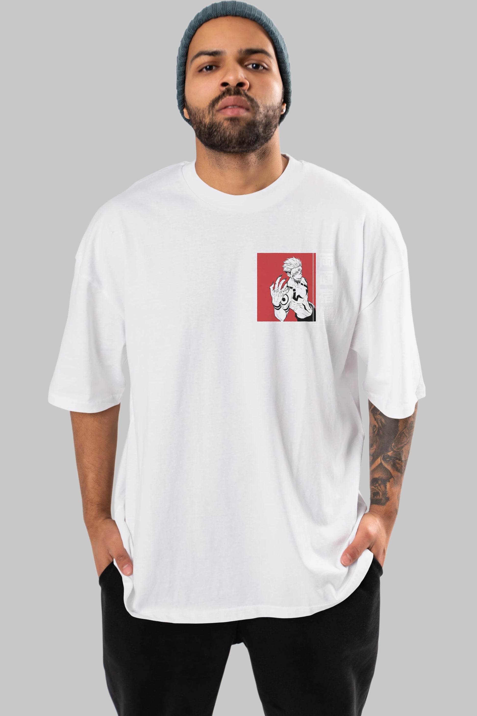 Sukuna Ryoumen 2 Ön Sol Baskılı Oversize t-shirt Erkek Kadın Unisex %100 Pamuk Bisiklet Yaka tişort