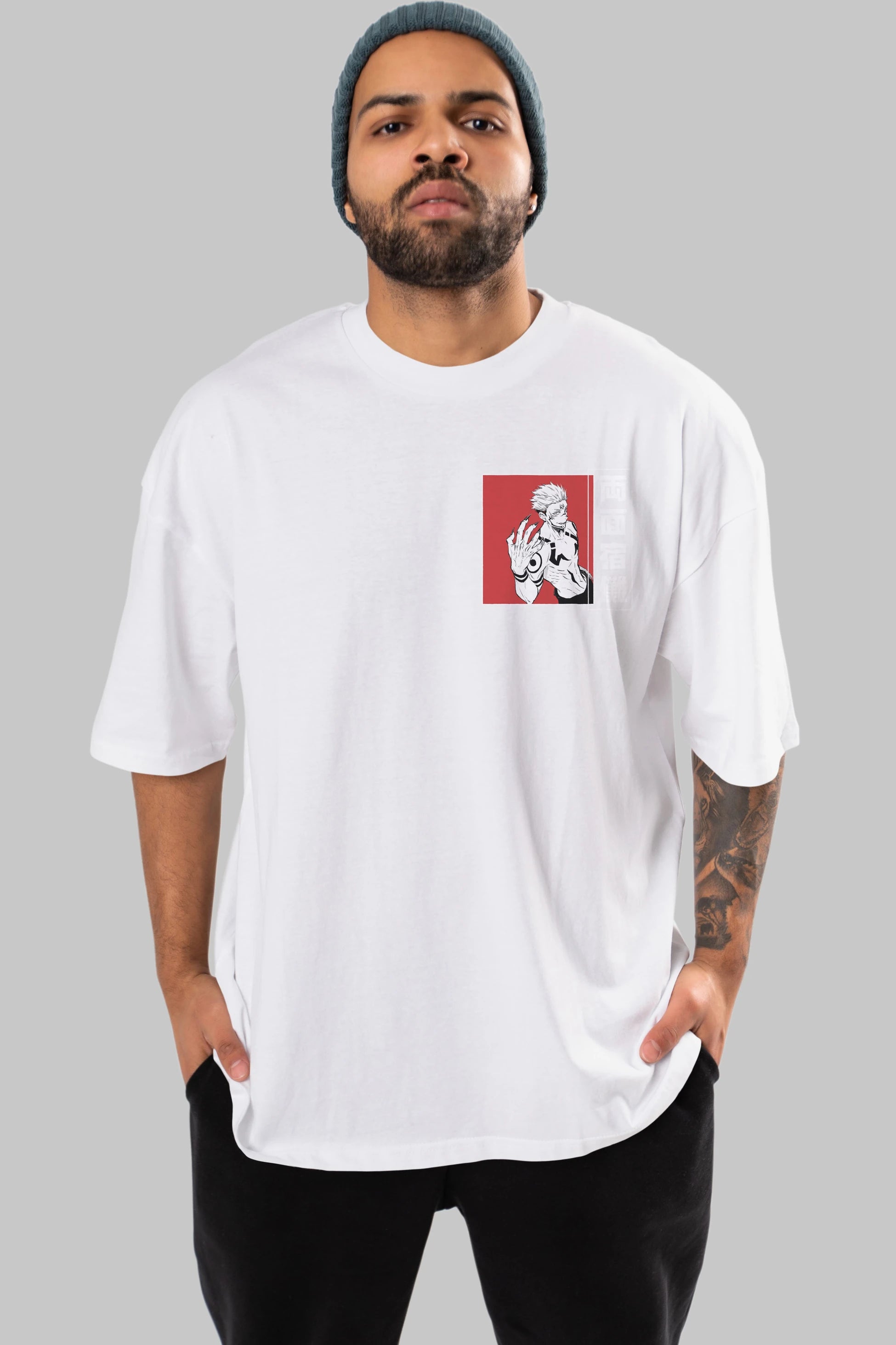 Sukuna Ryoumen 2 Ön Sol Baskılı Oversize t-shirt Erkek Kadın Unisex %100 Pamuk Bisiklet Yaka tişort