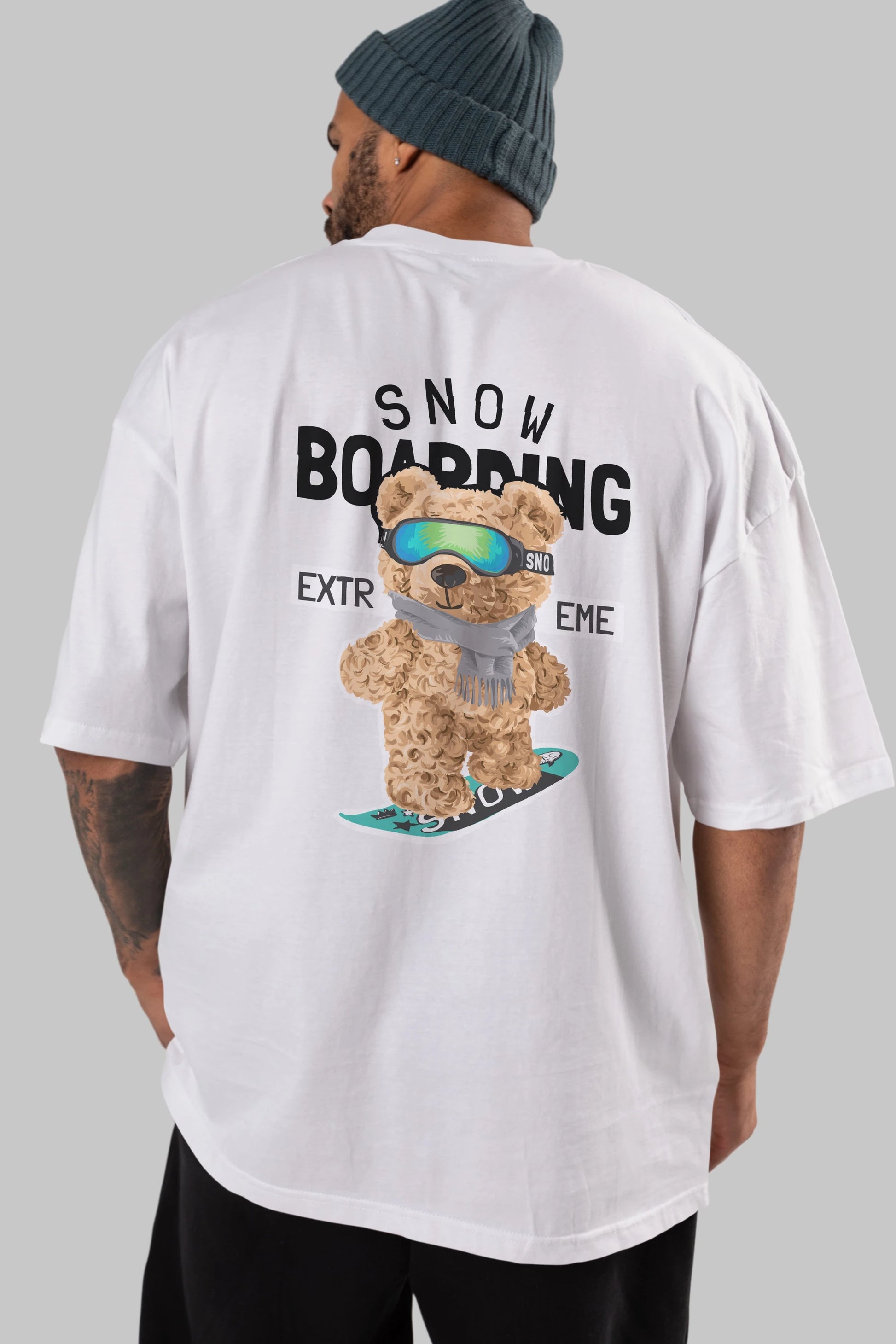 Teddy Bear Snow Boarding Arka Baskılı Oversize t-shirt Erkek Kadın Unisex %100 Pamuk