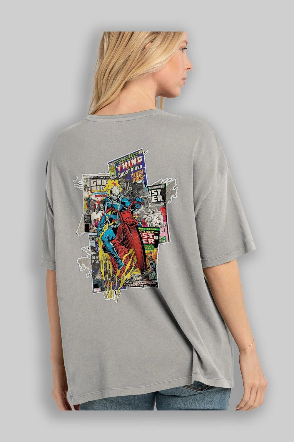 Ghost Rider Arka Baskılı Oversize t-shirt Erkek Kadın Unisex %100 Pamuk Bisiklet Yaka tişort