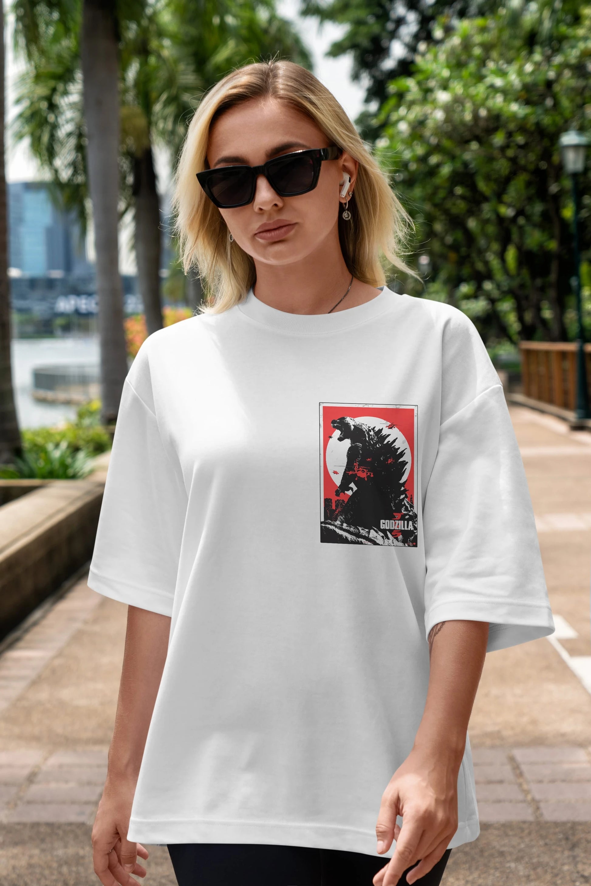 Godzilla (2) Ön Sol Baskılı Oversize t-shirt Erkek Kadın Unisex %100 Pamuk Bisiklet Yaka tişort