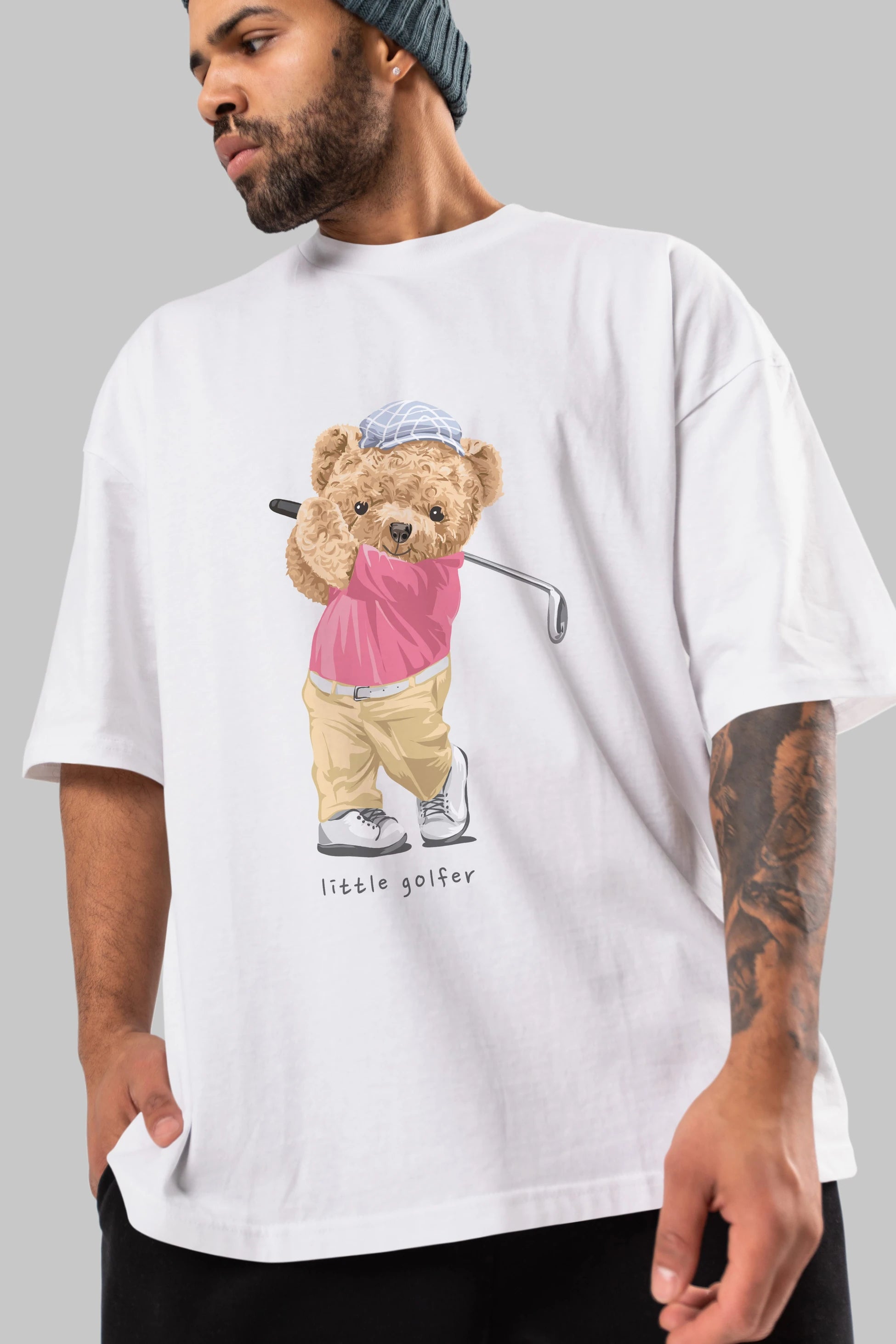 Teddy Bear Little Golfer Ön Baskılı Oversize t-shirt Erkek Kadın Unisex %100 Pamuk