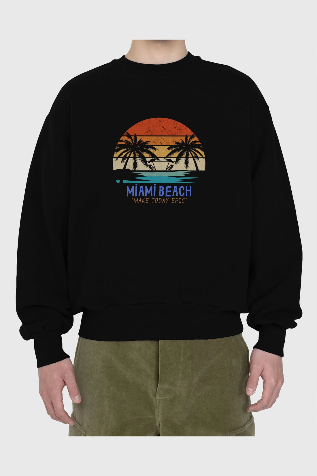 Miami Beach Yazılı Ön Baskılı Oversize Sweatshirt Erkek Kadın Unisex
