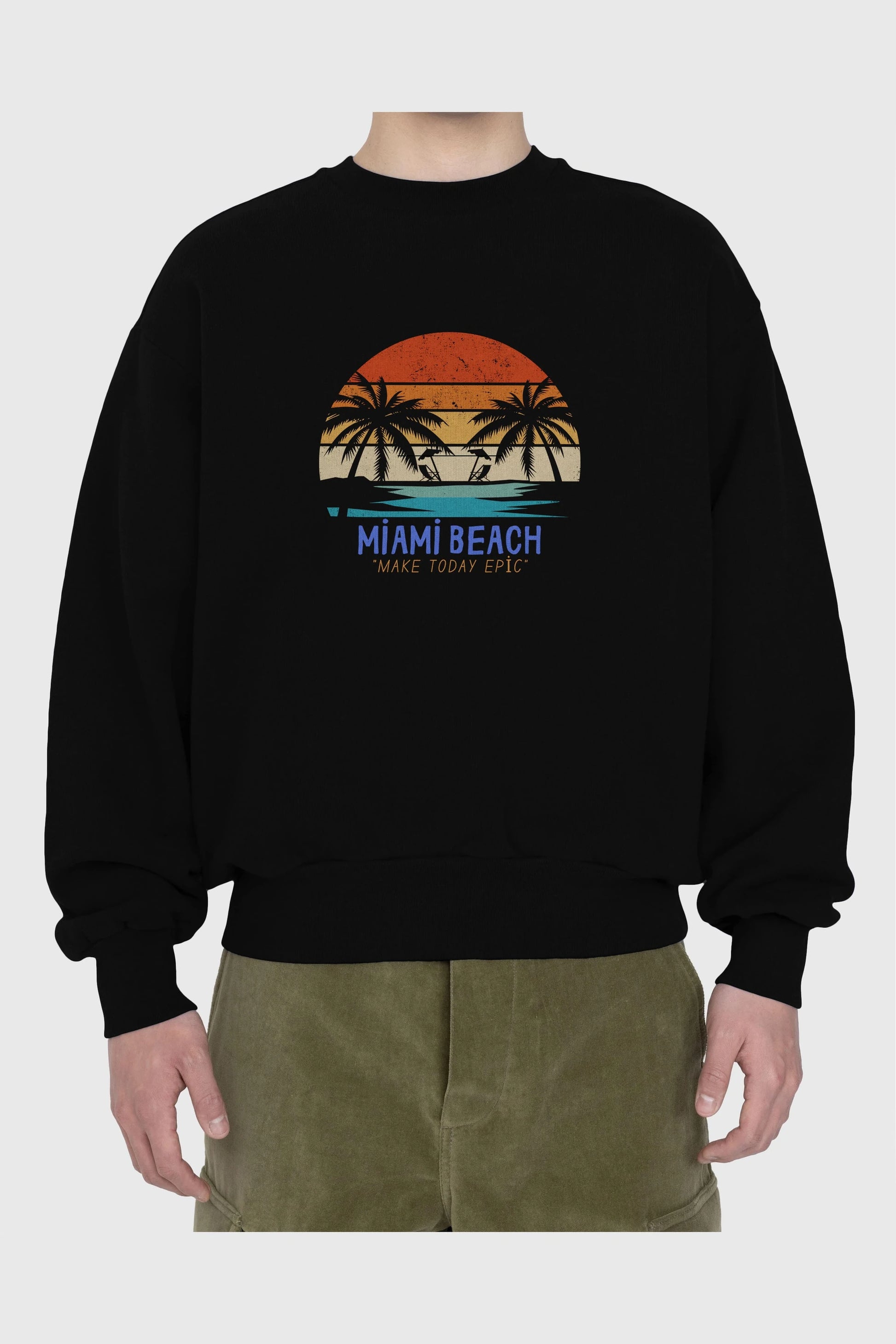Miami Beach Yazılı Ön Baskılı Oversize Sweatshirt Erkek Kadın Unisex