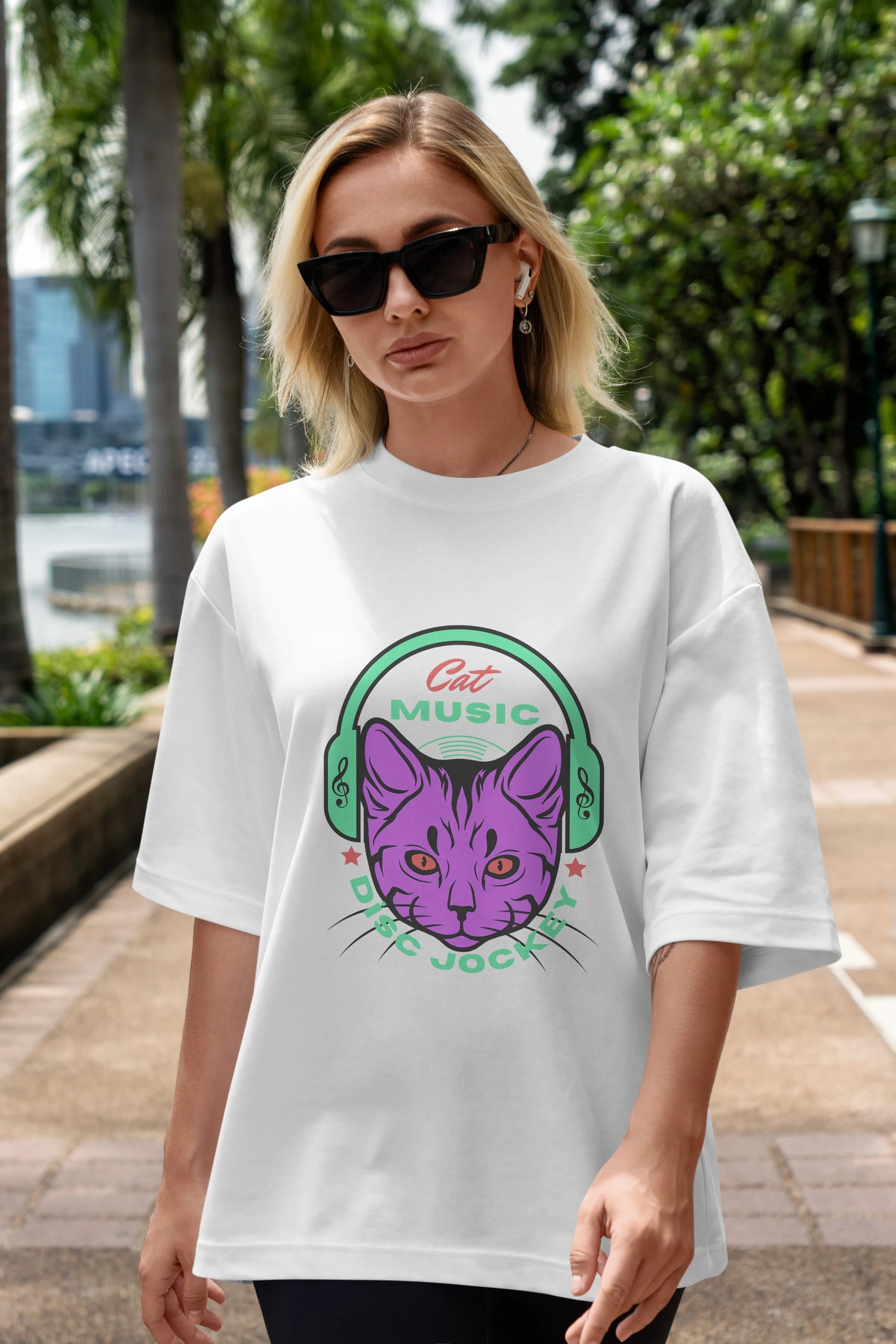 Cat Music Ön Baskılı Oversize t-shirt Erkek Kadın Unisex