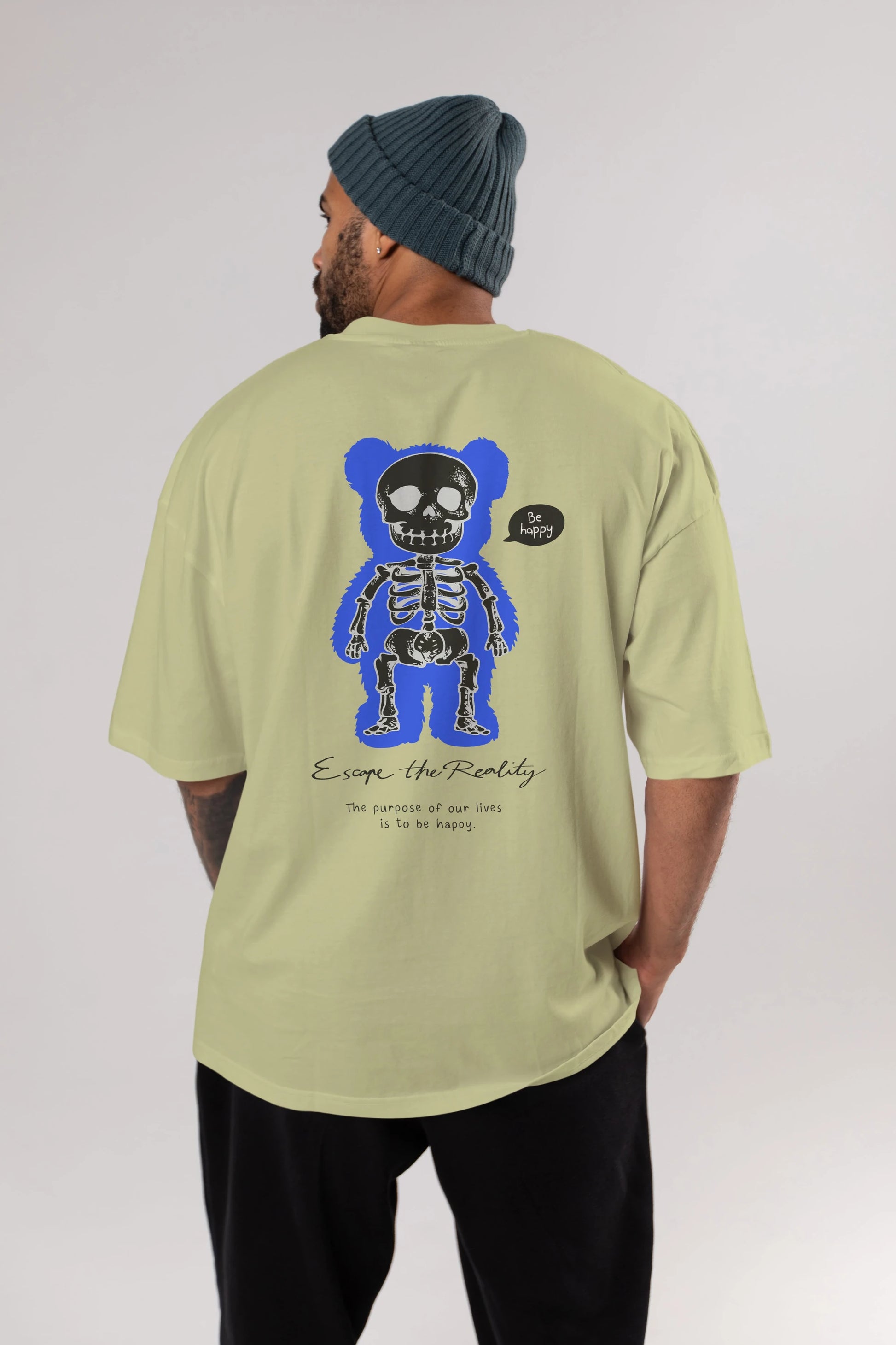 Be Happy Bear Arka Baskılı Oversize t-shirt Erkek Kadın Unisex