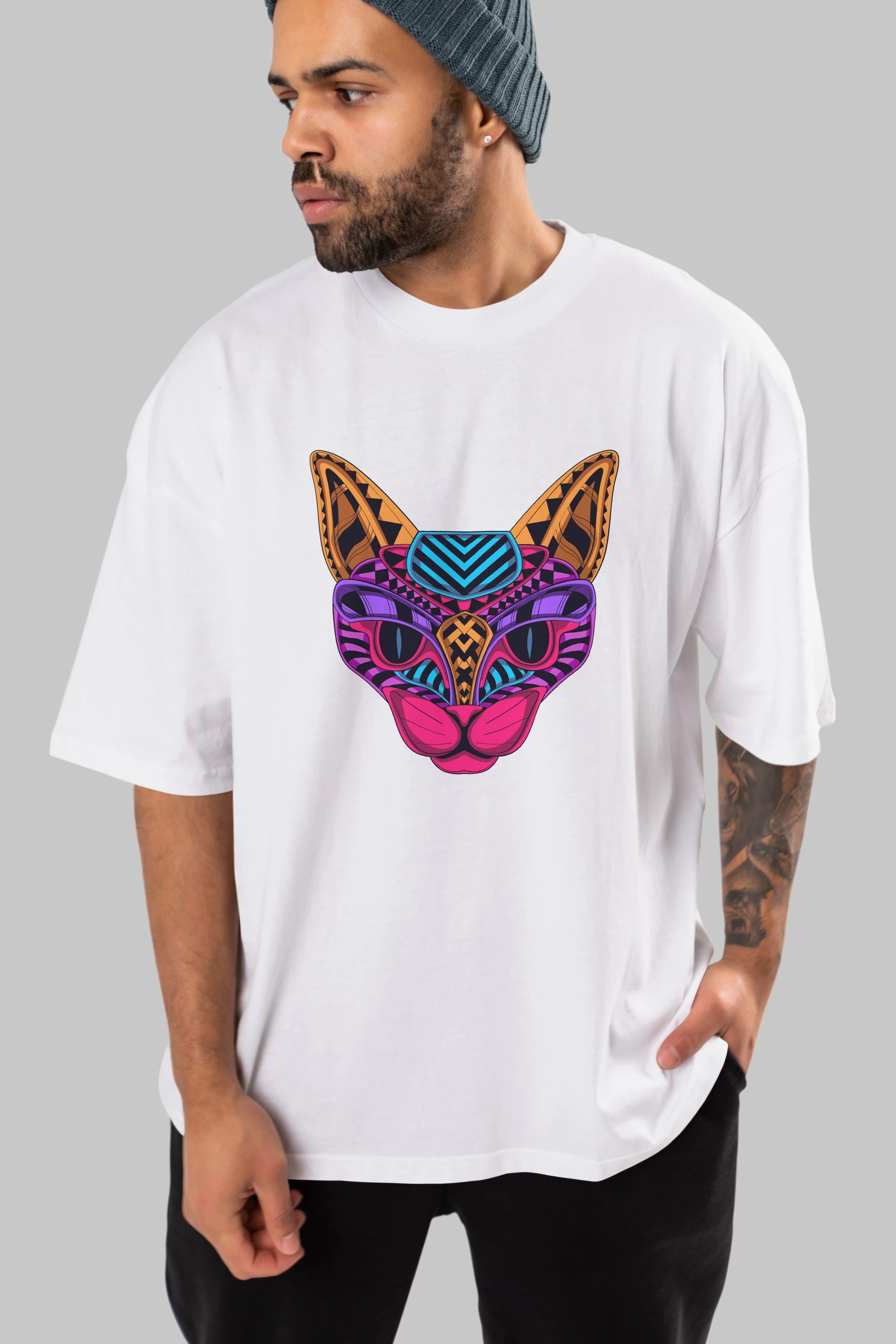 Black Neon Cat Ön Baskılı Oversize t-shirt Erkek Kadın Unisex