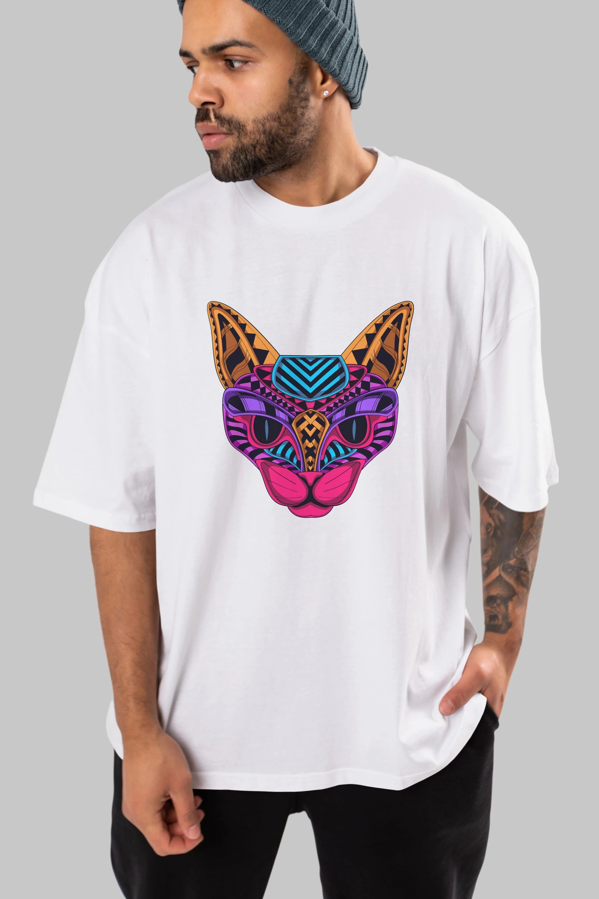 Black Neon Cat Ön Baskılı Oversize t-shirt Erkek Kadın Unisex