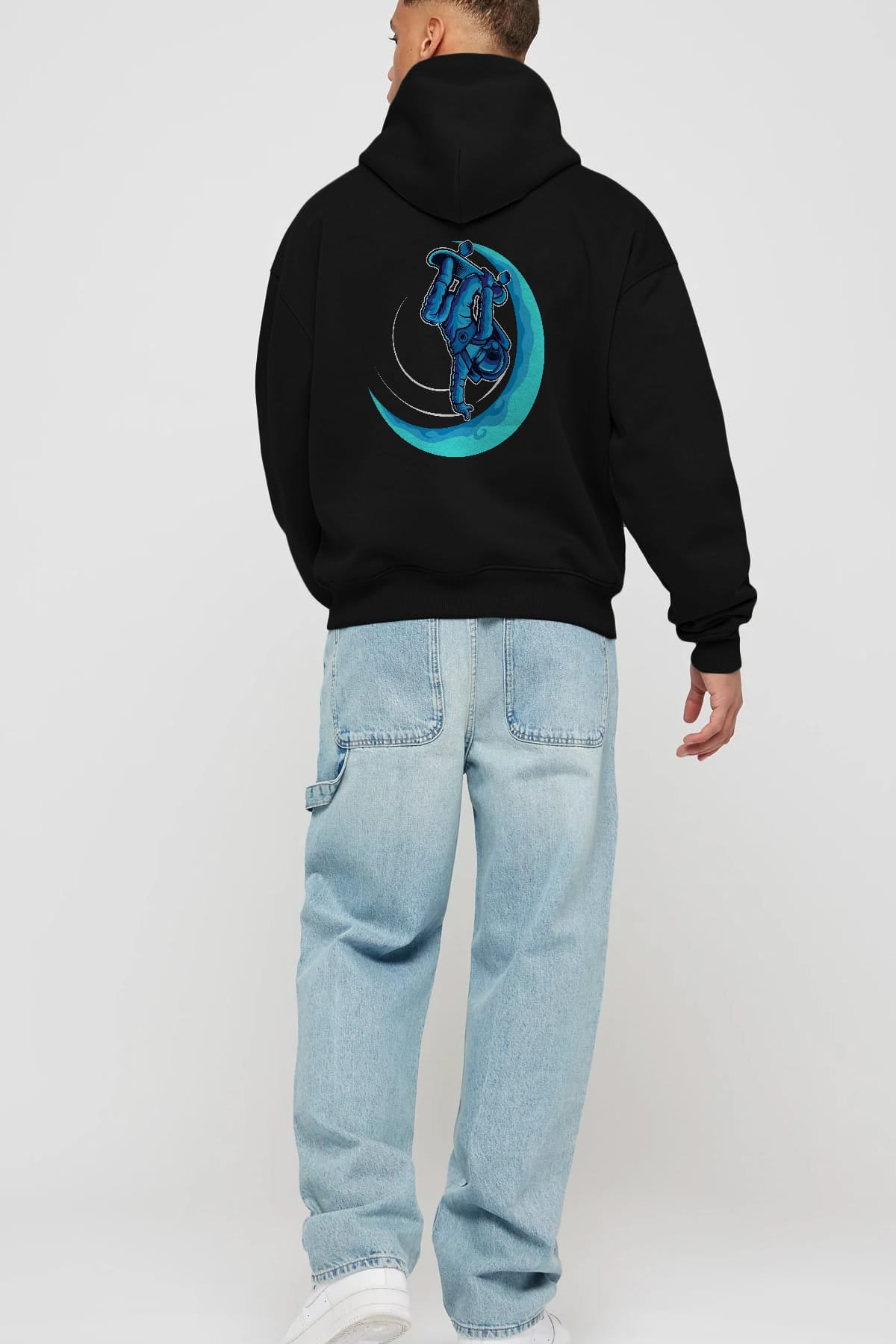 Skating on the moon Arka Baskılı Hoodie Oversize Kapüşonlu Sweatshirt Erkek Kadın Unisex