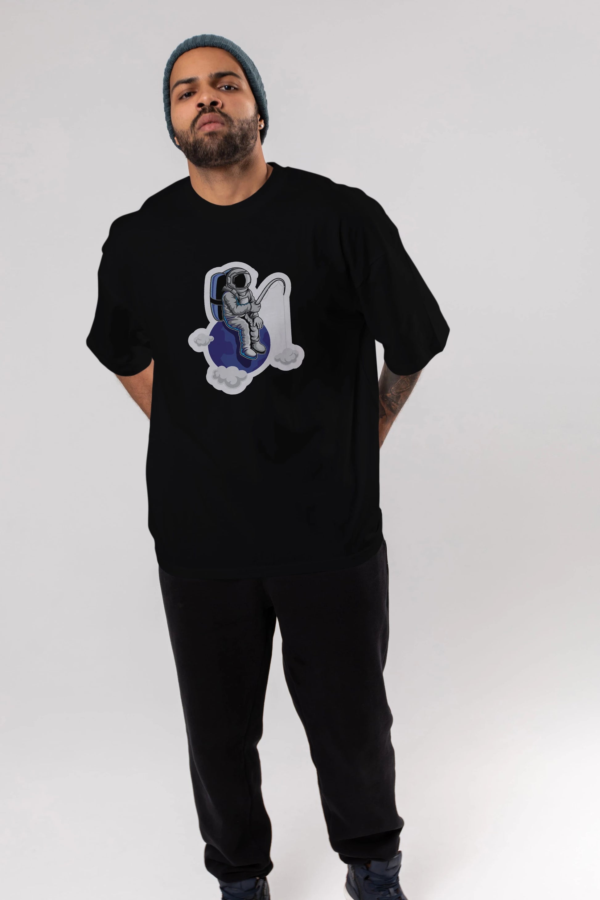 Astronaut Fishing Sticker Ön Baskılı Oversize t-shirt Erkek Kadın Unisex