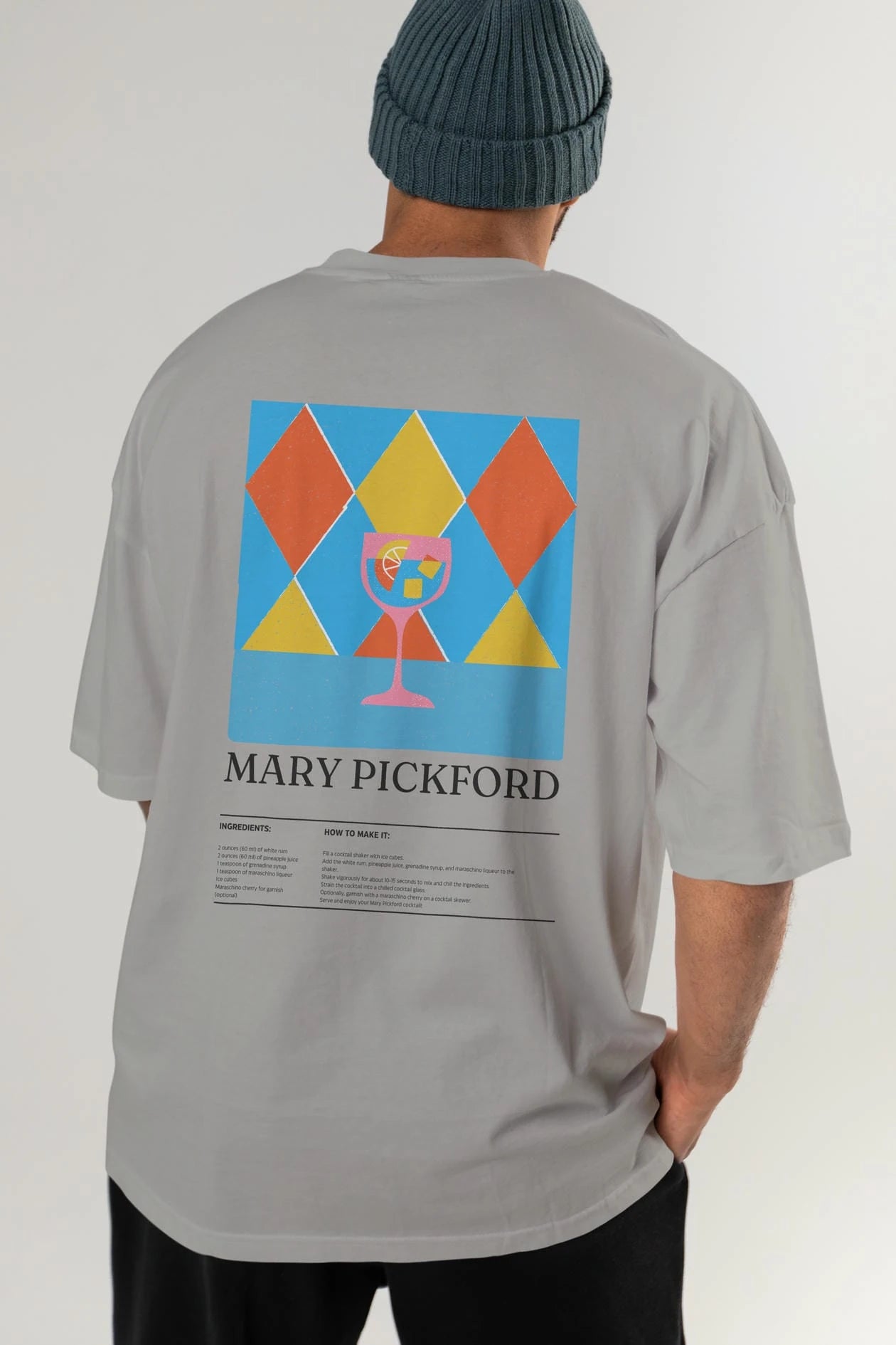 Mary Pickford Kokteyl Serisi Arka Baskılı Oversize t-shirt Erkek Kadın %100 Pamuk Bisiklet Yaka tişort