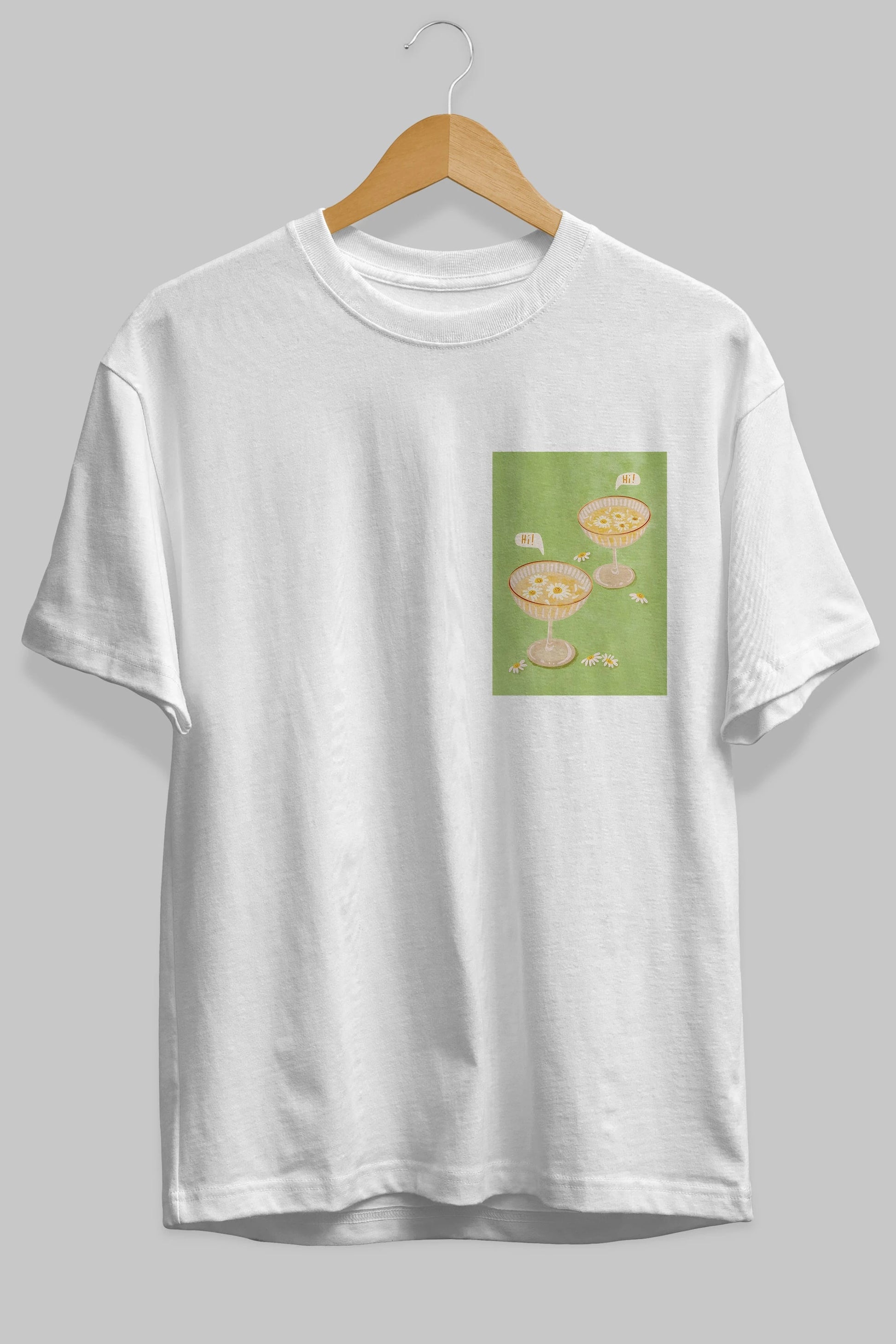 Hi Cheers Ön Sol Baskılı Oversize t-shirt Erkek Kadın Unisex %100 Pamuk Bisiklet Yaka tişort