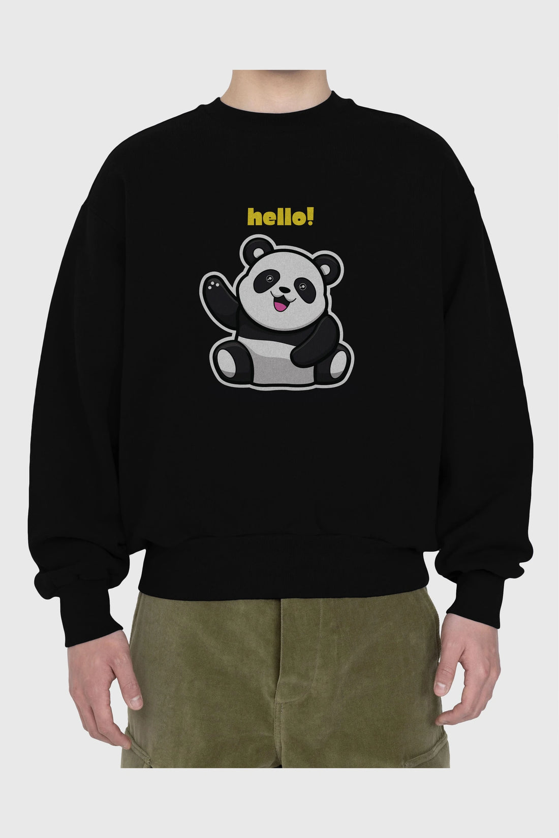 Hello Panda Ön Baskılı Oversize Sweatshirt Erkek Kadın Unisex