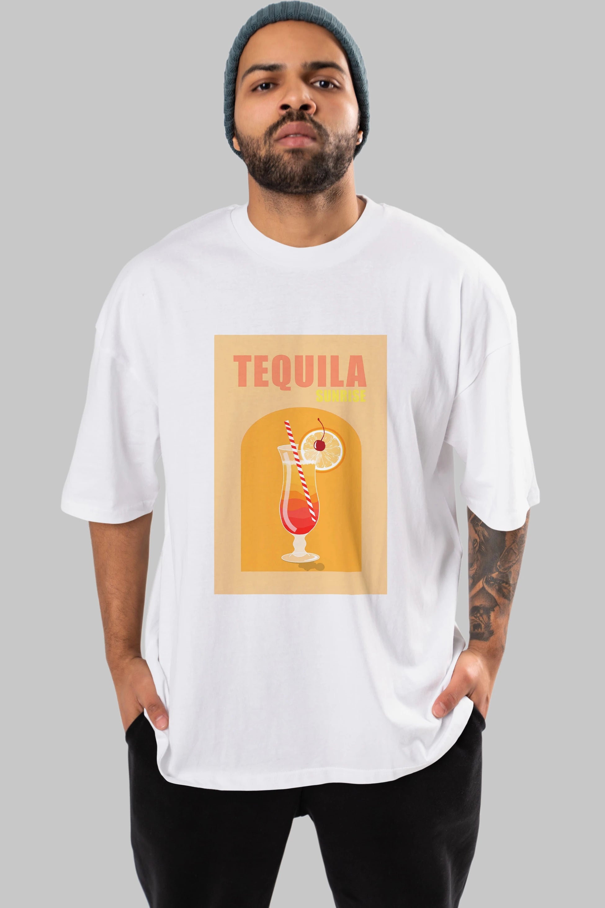 Tequila Sunrise Ön Baskılı Oversize t-shirt Erkek Kadın Unisex %100 Pamuk Bisiklet Yaka tişort