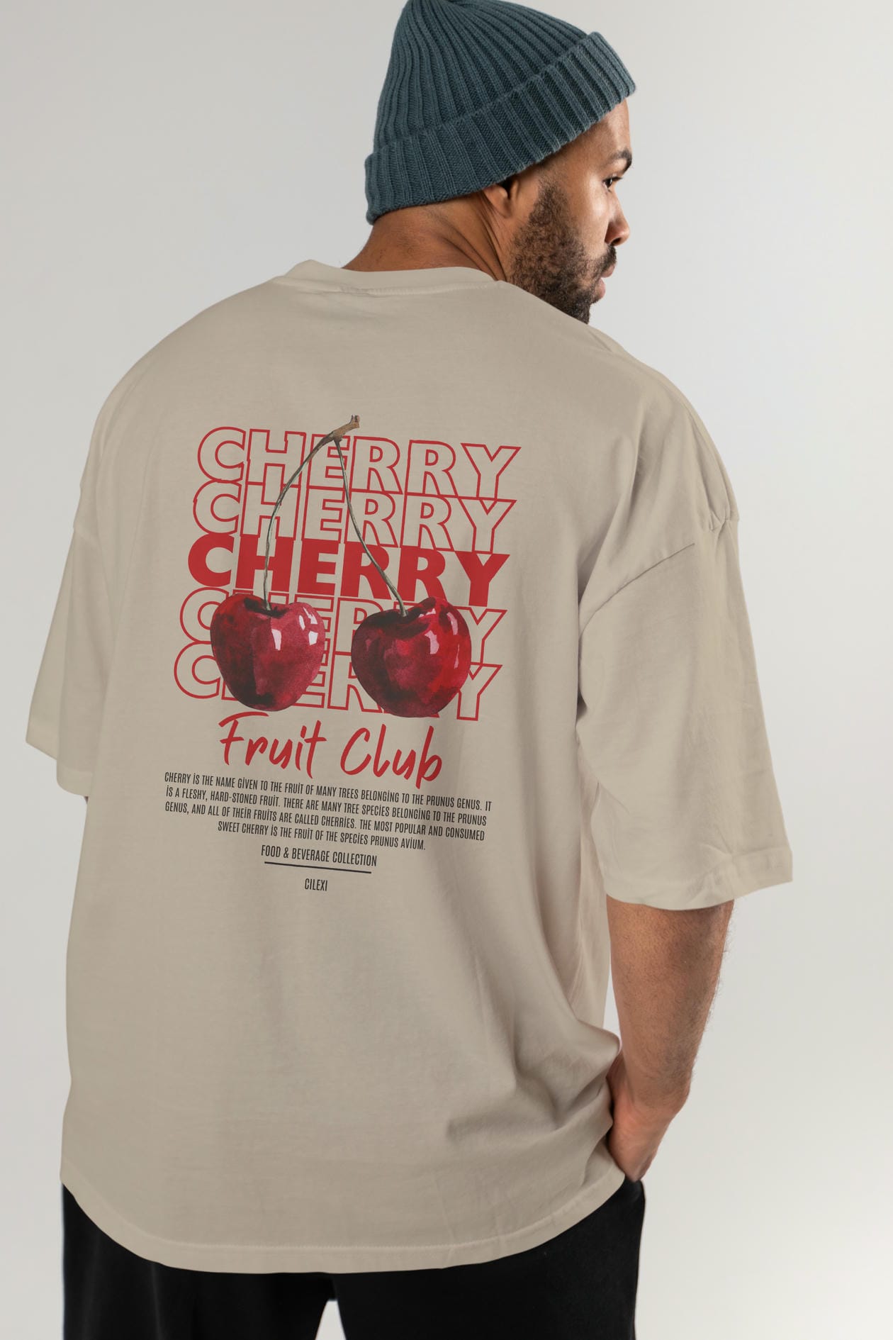 Cherry Arka Baskılı Oversize t-shirt Erkek Kadın Pamuk Bisiklet Yaka tişort