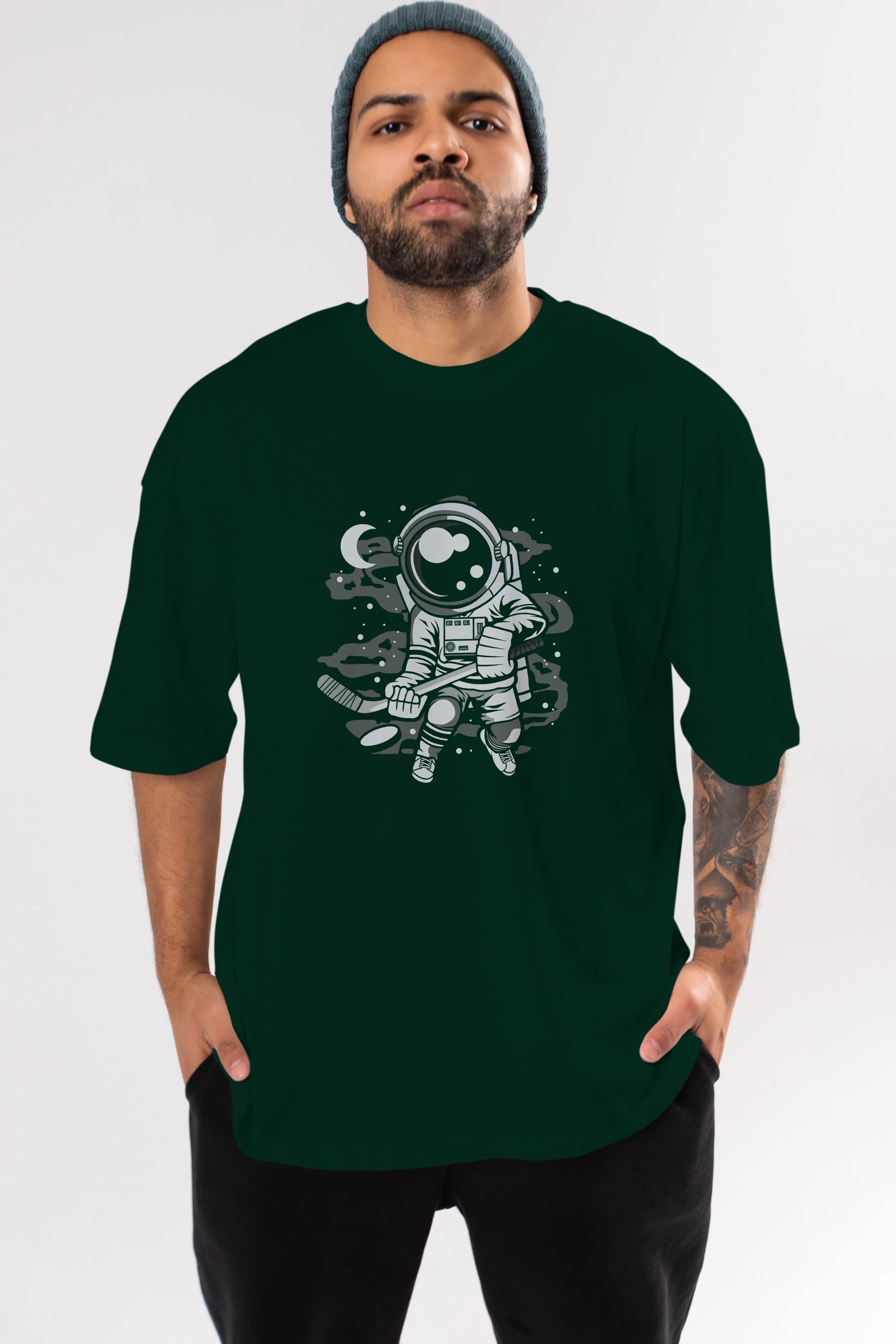 Hockey Player Astronaut Ön Baskılı Oversize t-shirt Erkek Kadın Unisex