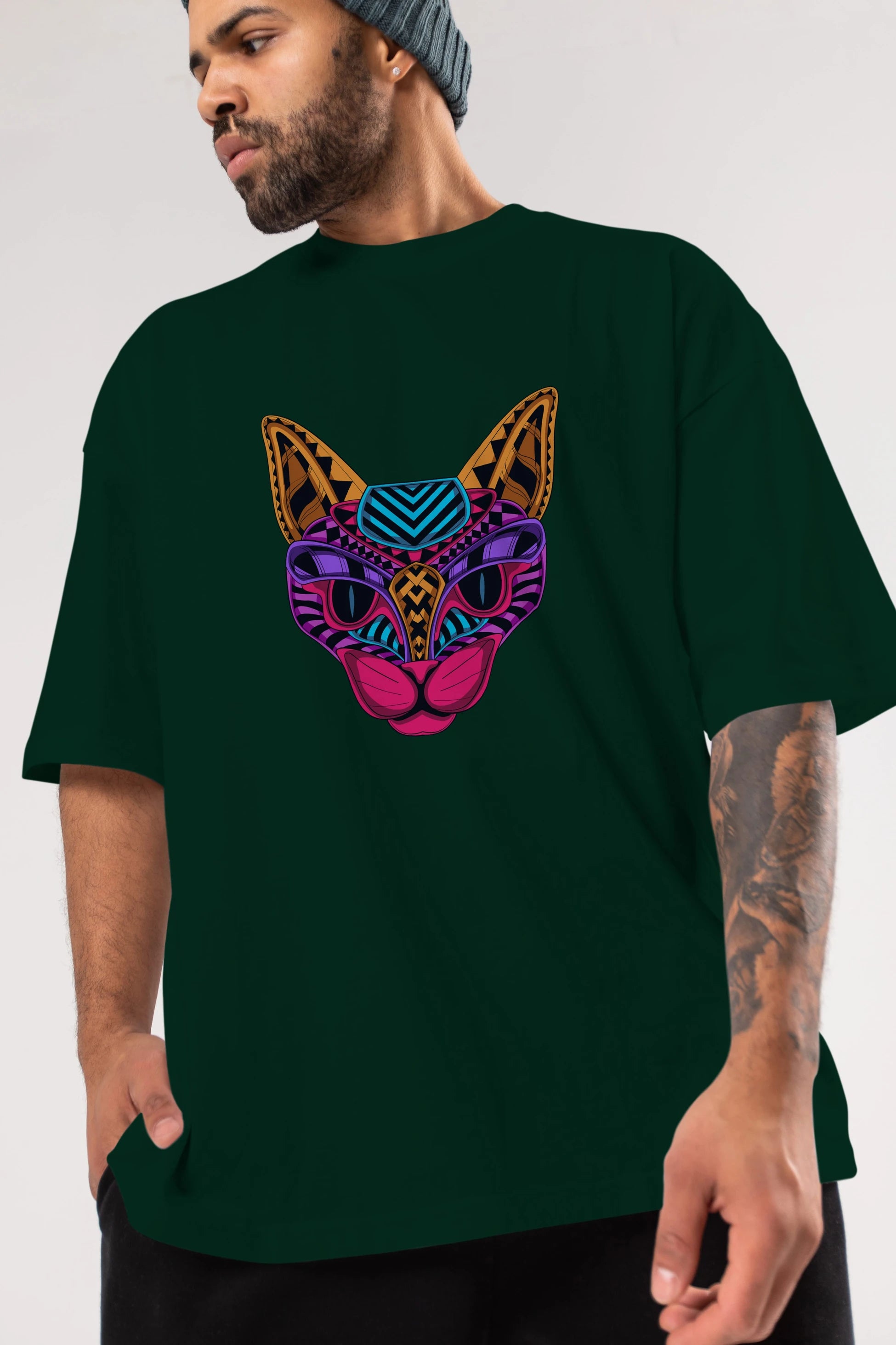 Black Neon Cat Ön Baskılı Oversize t-shirt Erkek Kadın Unisex