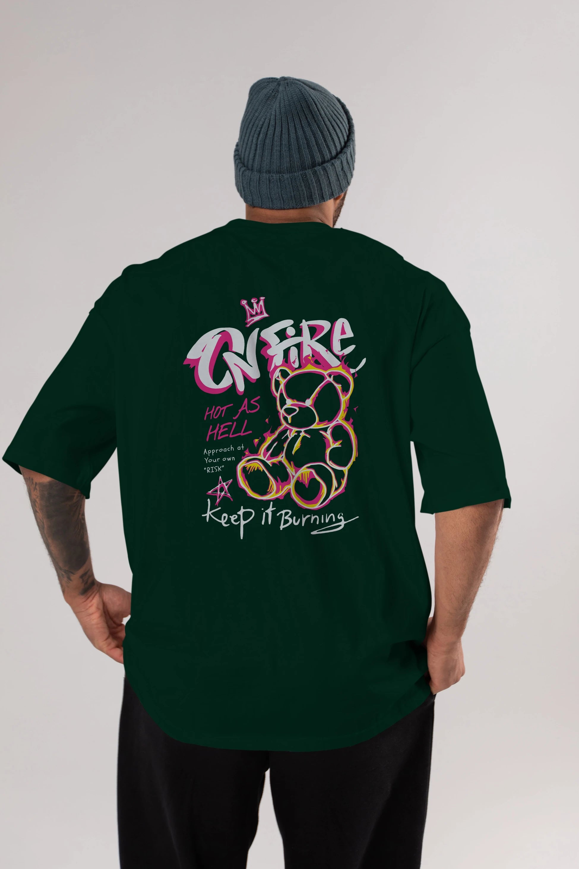 On Fire Bear Arka Baskılı Oversize t-shirt Erkek Kadın Unisex