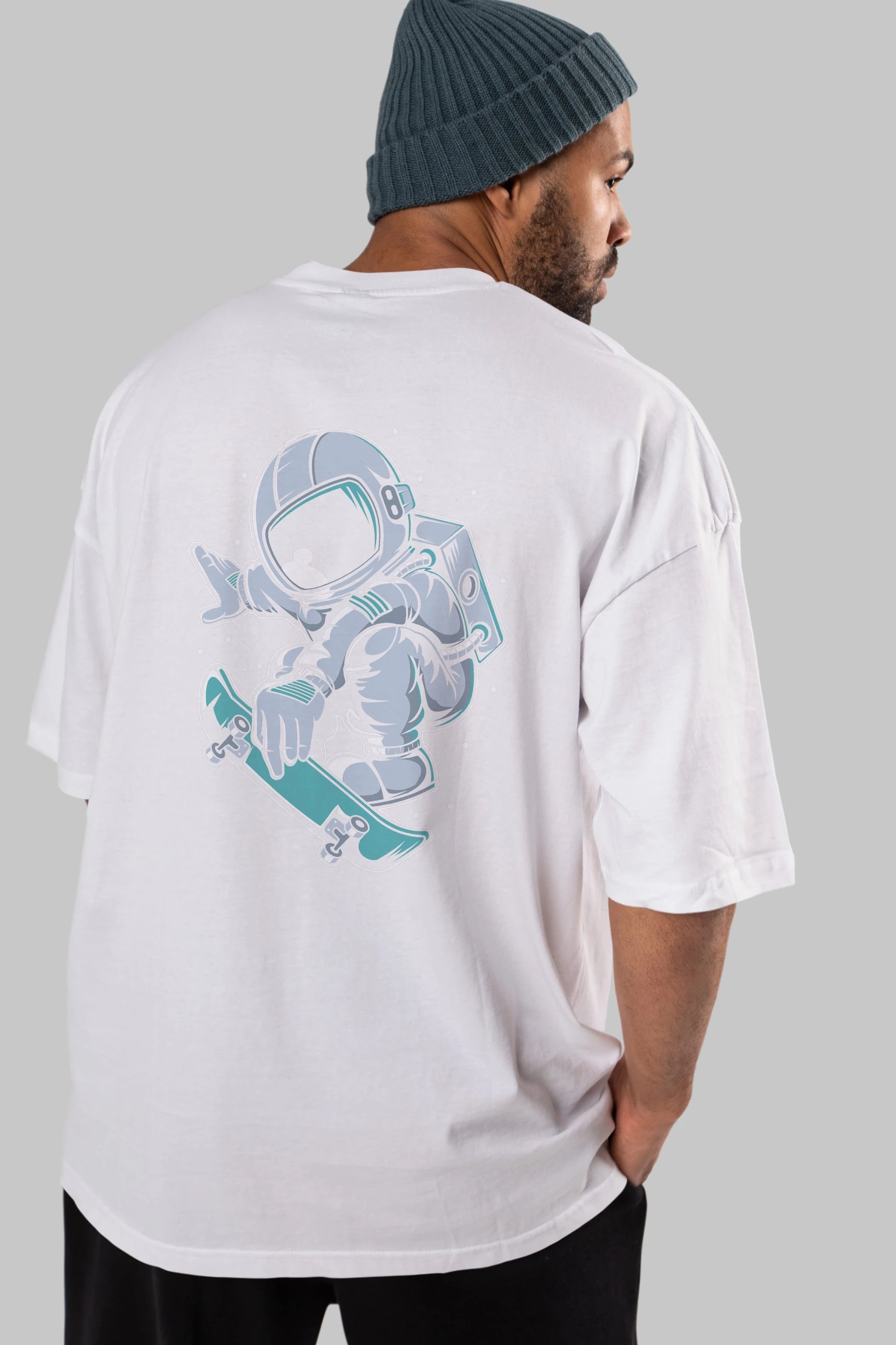 Astronaut Skateboard Jump Arka Baskılı Oversize t-shirt Erkek Kadın Unisex