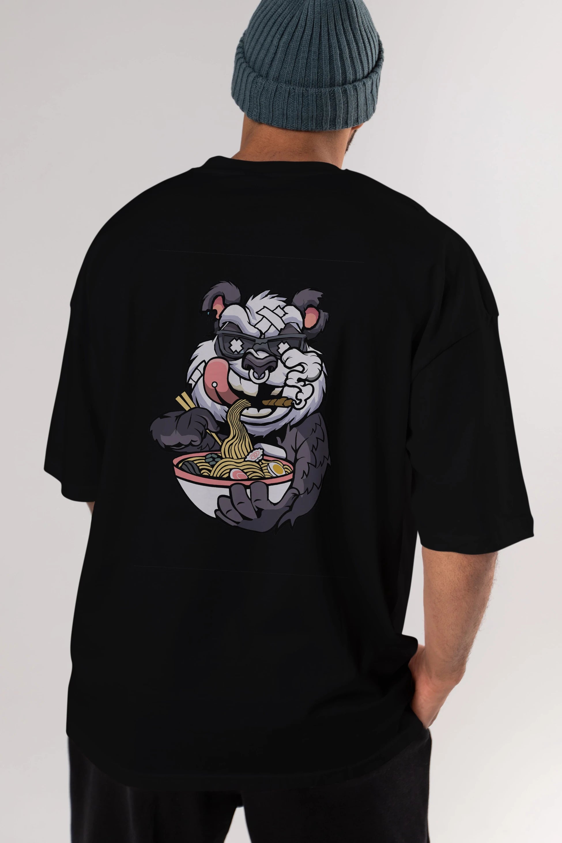 Panda Ramen Arka Baskılı Oversize t-shirt Erkek Kadın Unisex %100 Pamuk tişort