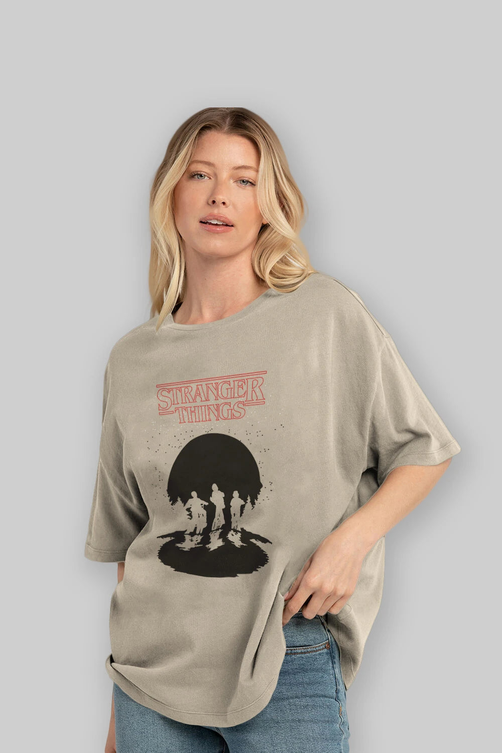 Stranger Things Ön Baskılı Oversize t-shirt Erkek Kadın Unisex %100 Pamuk Bisiklet Yaka tişort