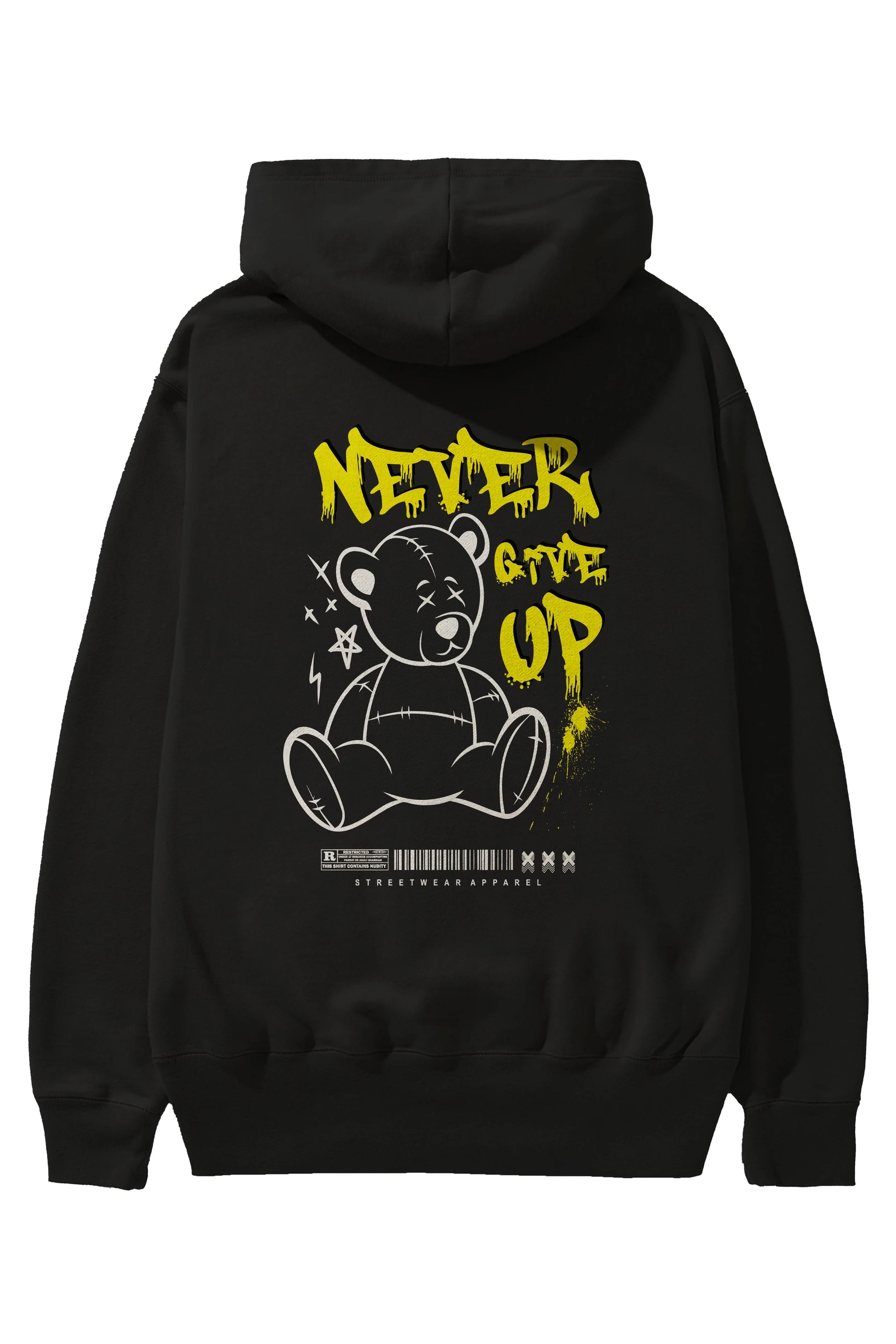 Teddy Bear Never Give Up Arka Baskılı Hoodie Oversize Kapüşonlu Sweatshirt Erkek Kadın Unisex