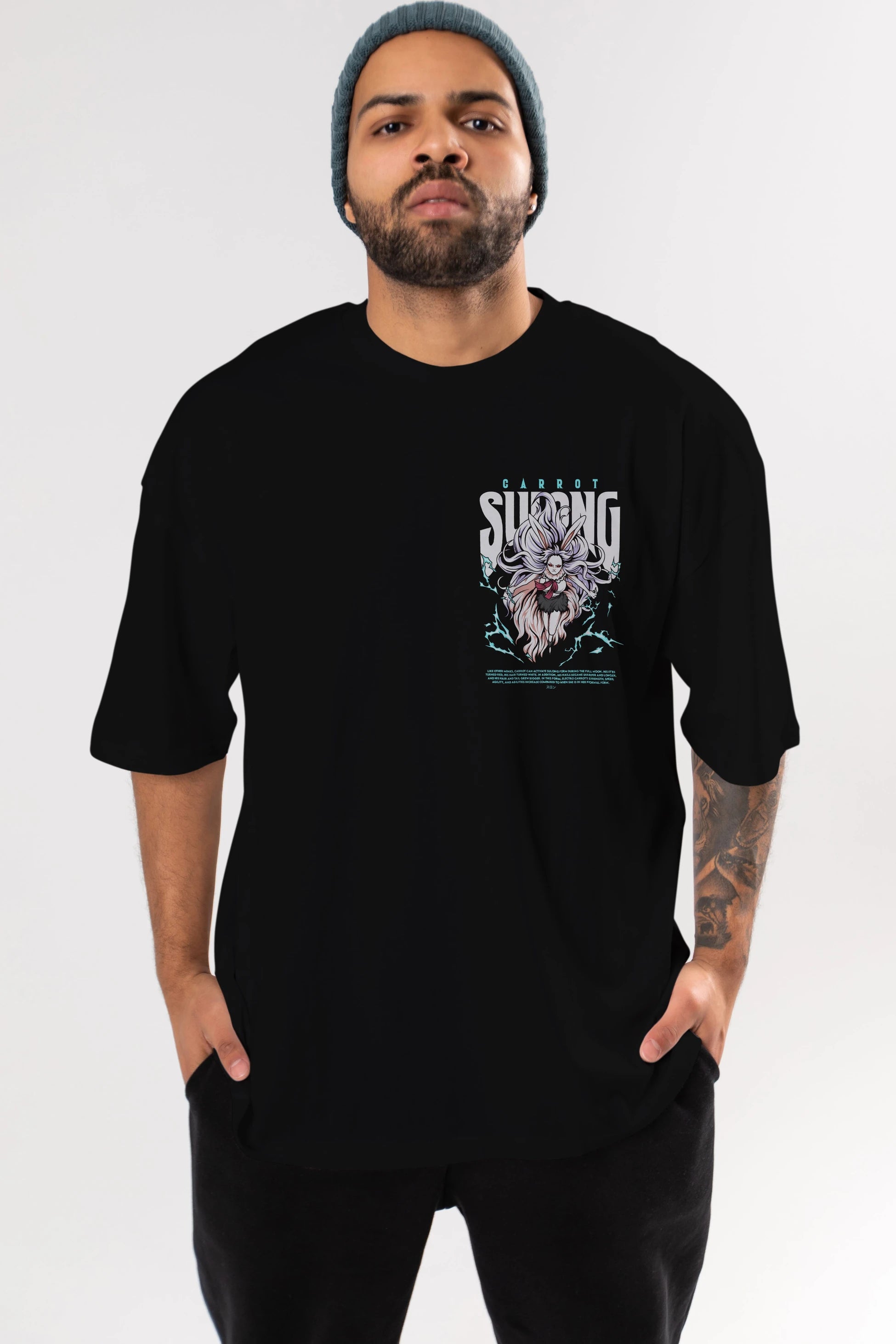 Carrot Sulong Ön Sol Baskılı Oversize t-shirt Erkek Kadın Unisex %100 Pamuk Bisiklet Yaka tişort