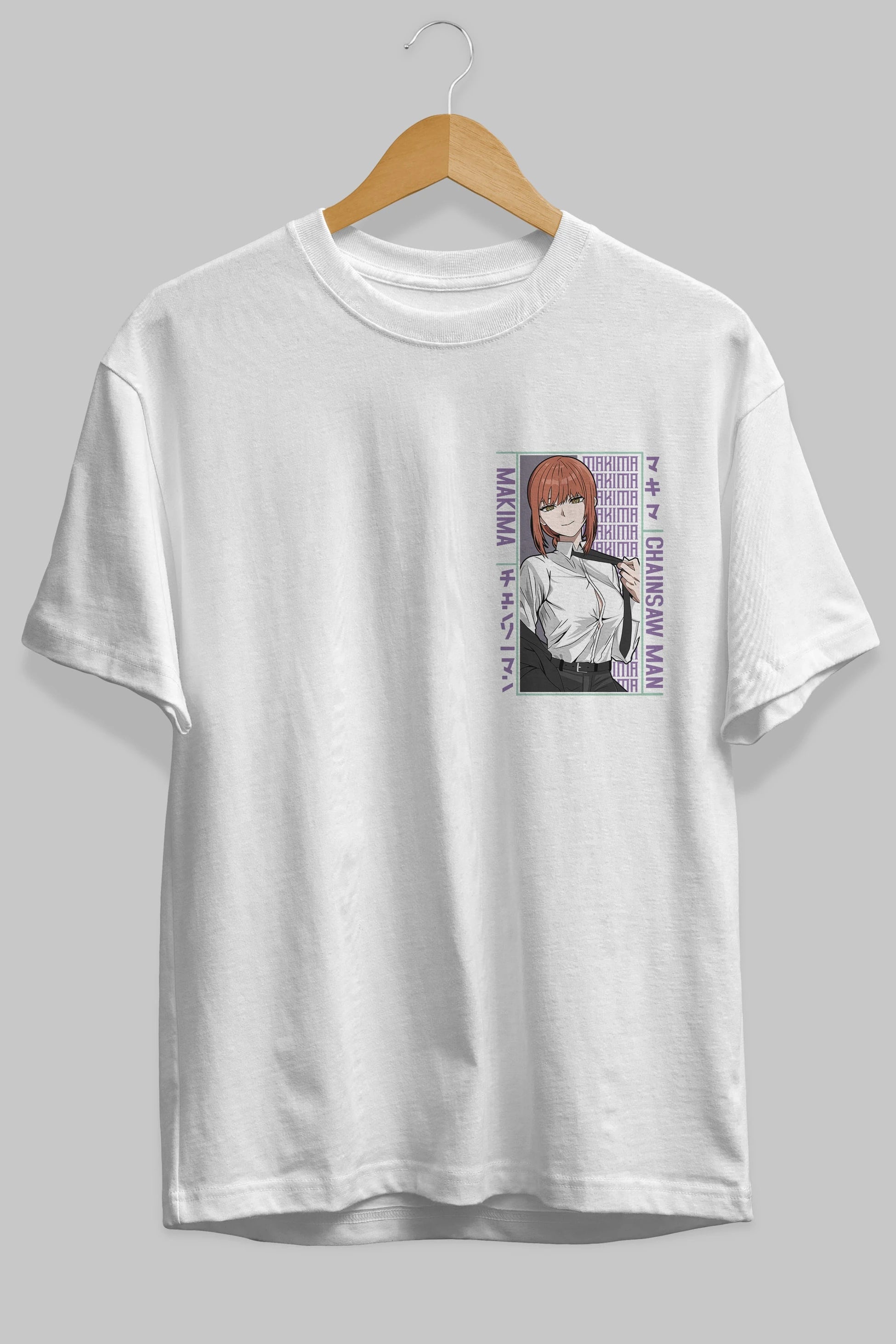 Makima Chain Saw Man Ön Sol Baskılı Oversize t-shirt Erkek Kadın Unisex %100 Pamuk Bisiklet Yaka tişort