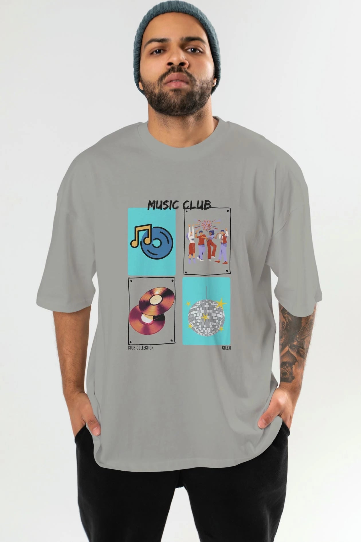 Music Club ön Baskılı Oversize t-shirt Erkek Kadın %100 Pamuk Bisiklet Yaka tişort