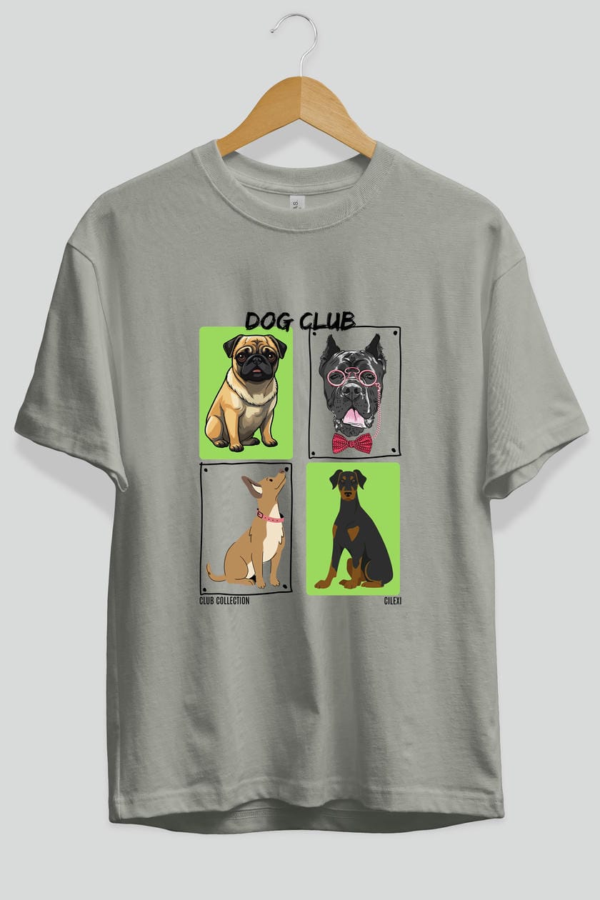 Dog Club ön Baskılı Oversize t-shirt Erkek Kadın %100 Pamuk Bisiklet Yaka tişort