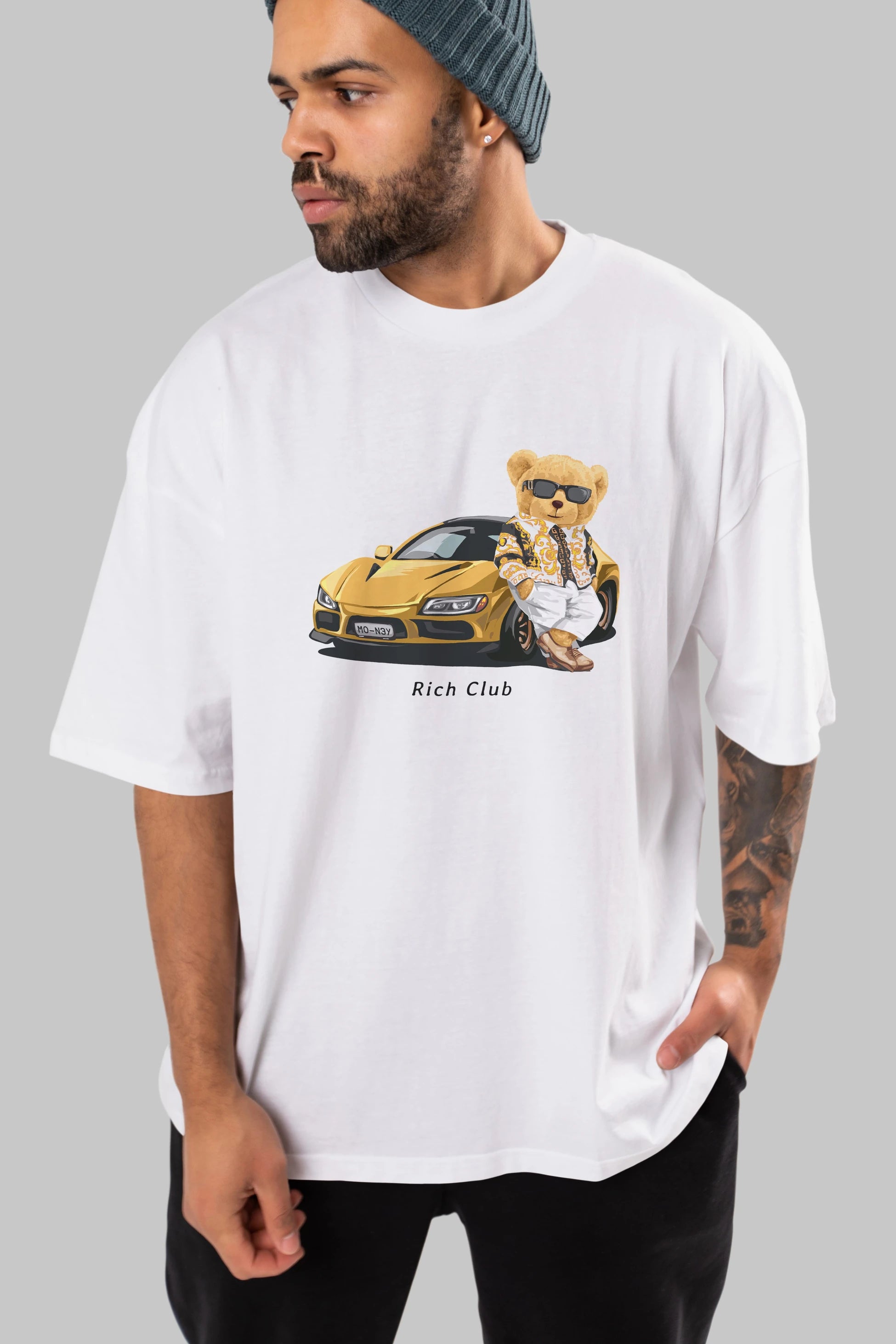 Teddy Bear Rich Club Ön Baskılı Oversize t-shirt Erkek Kadın Unisex %100 Pamuk
