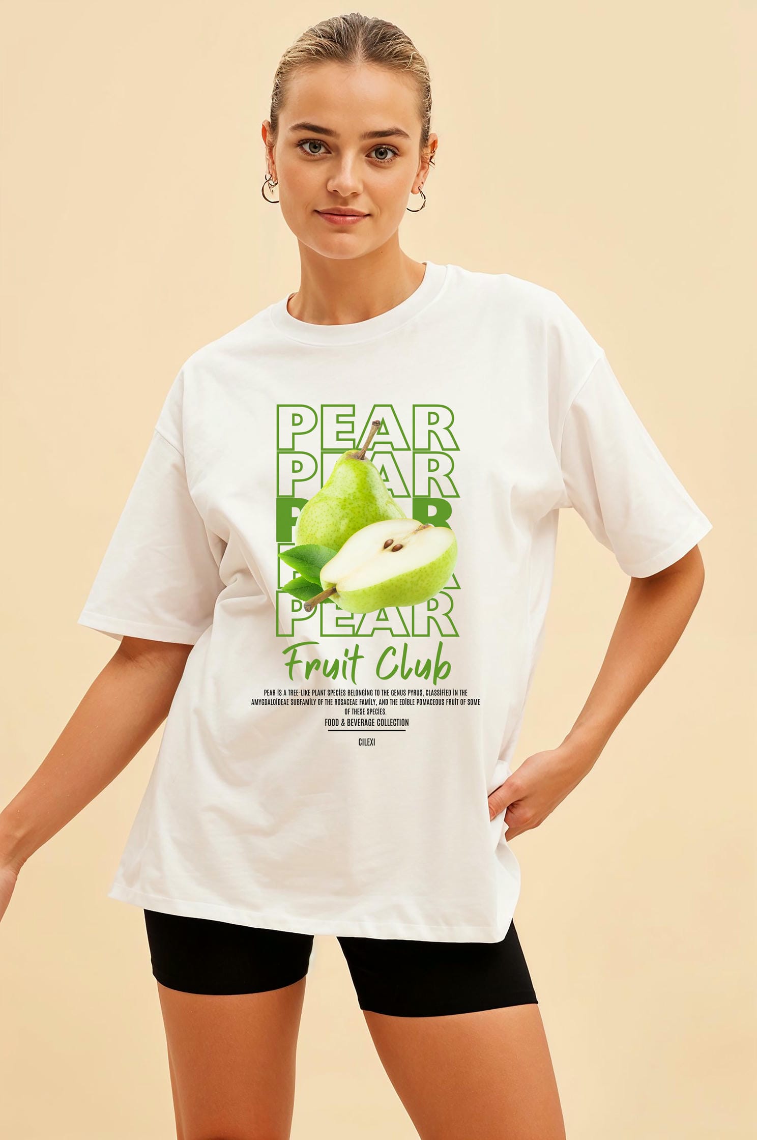 Pear Ön Baskılı Oversize t-shirt Erkek Kadın Pamuk Bisiklet Yaka tişort