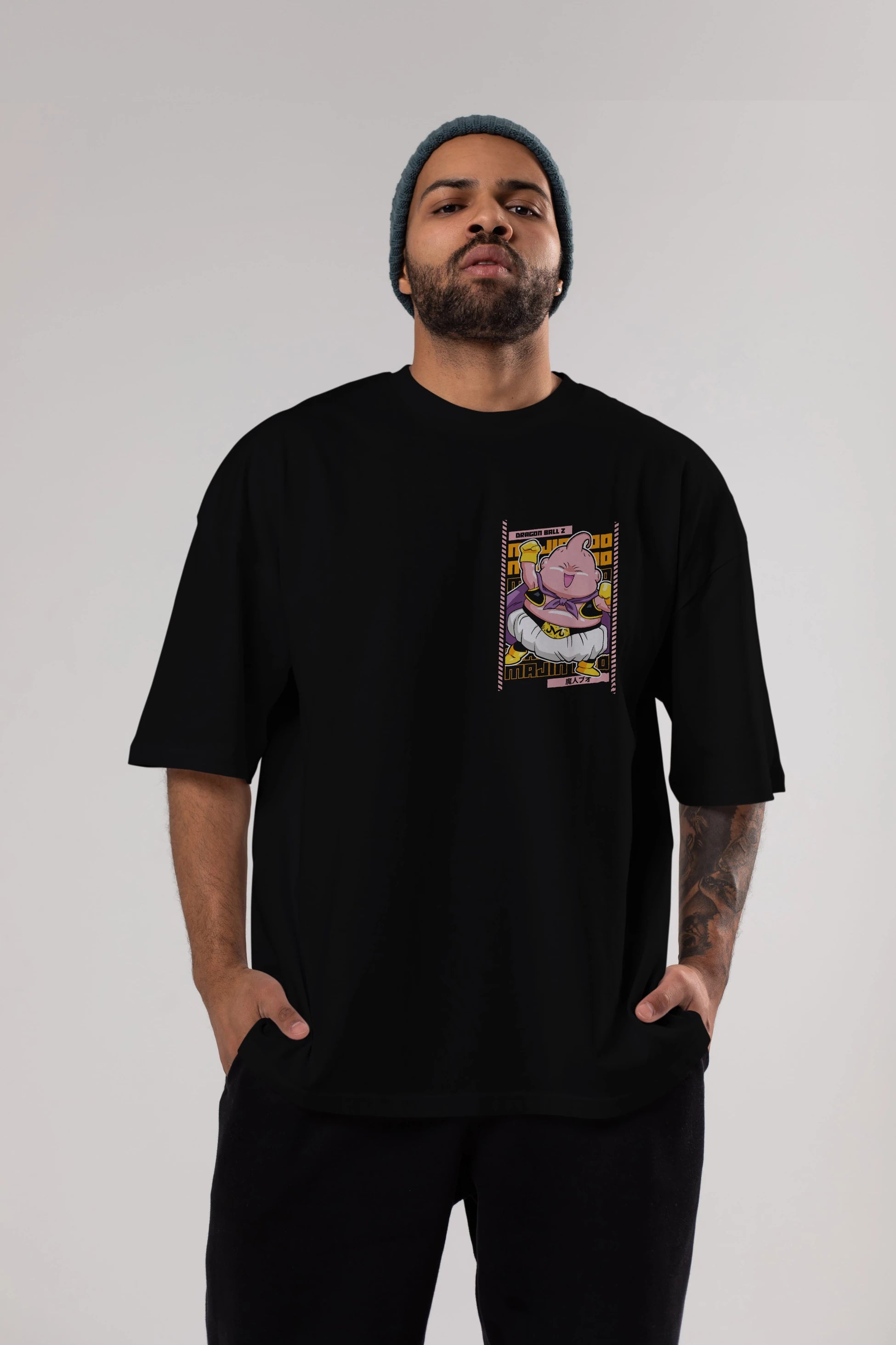 MAJIN BOO1 Ön Sol Baskılı Oversize t-shirt Erkek Kadın Unisex %100 Pamuk Bisiklet Yaka tişort