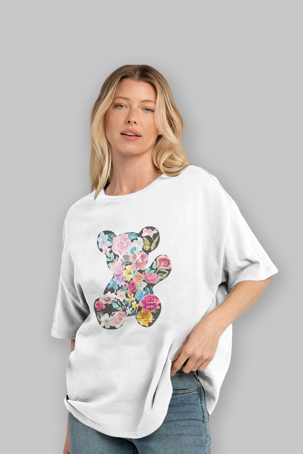 Flowers Bear Ön Baskılı Oversize t-shirt Erkek Kadın Unisex