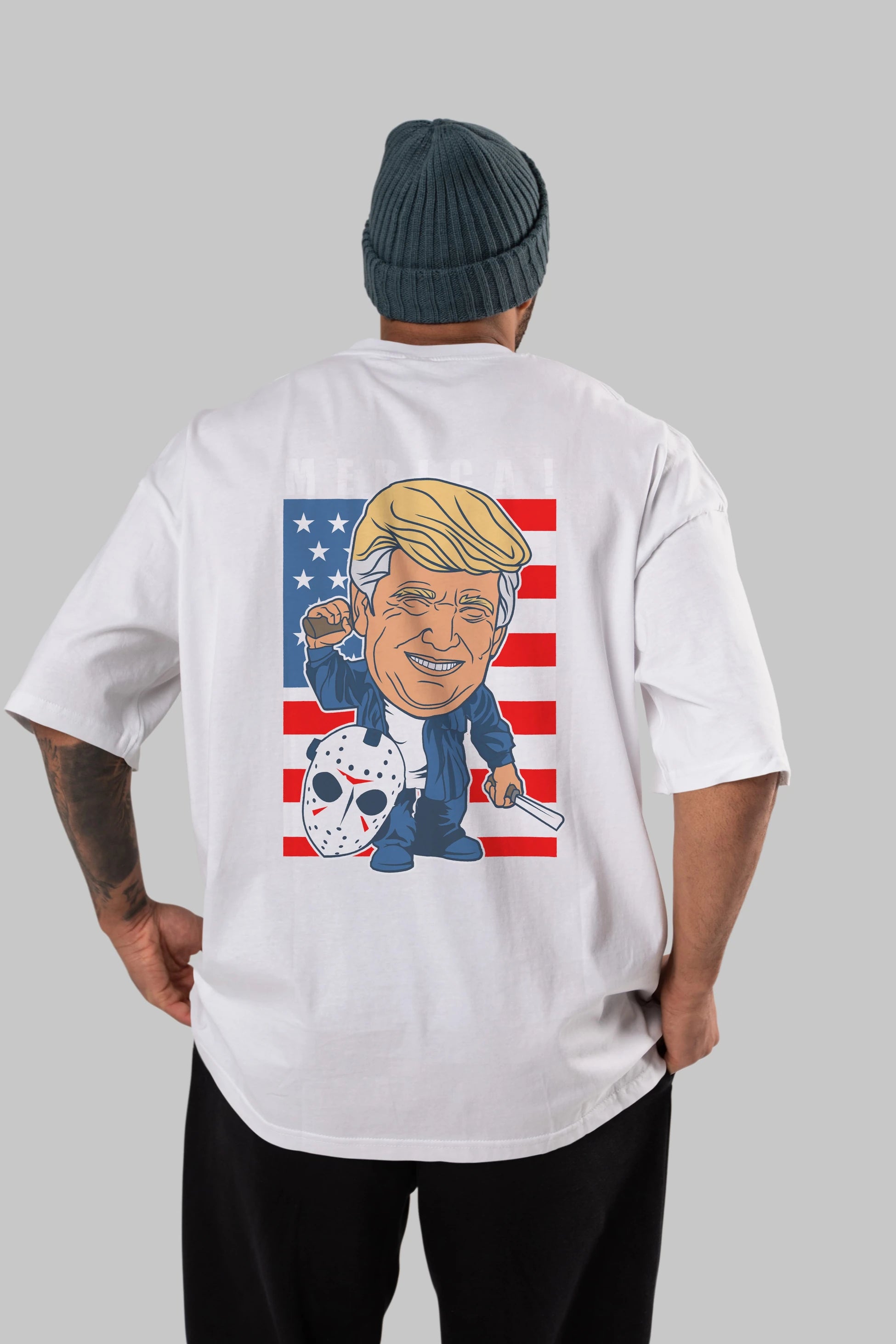 Jason Voorhess Trump Arka Baskılı Oversize t-shirt Erkek Kadın Unisex %100 Pamuk tişort
