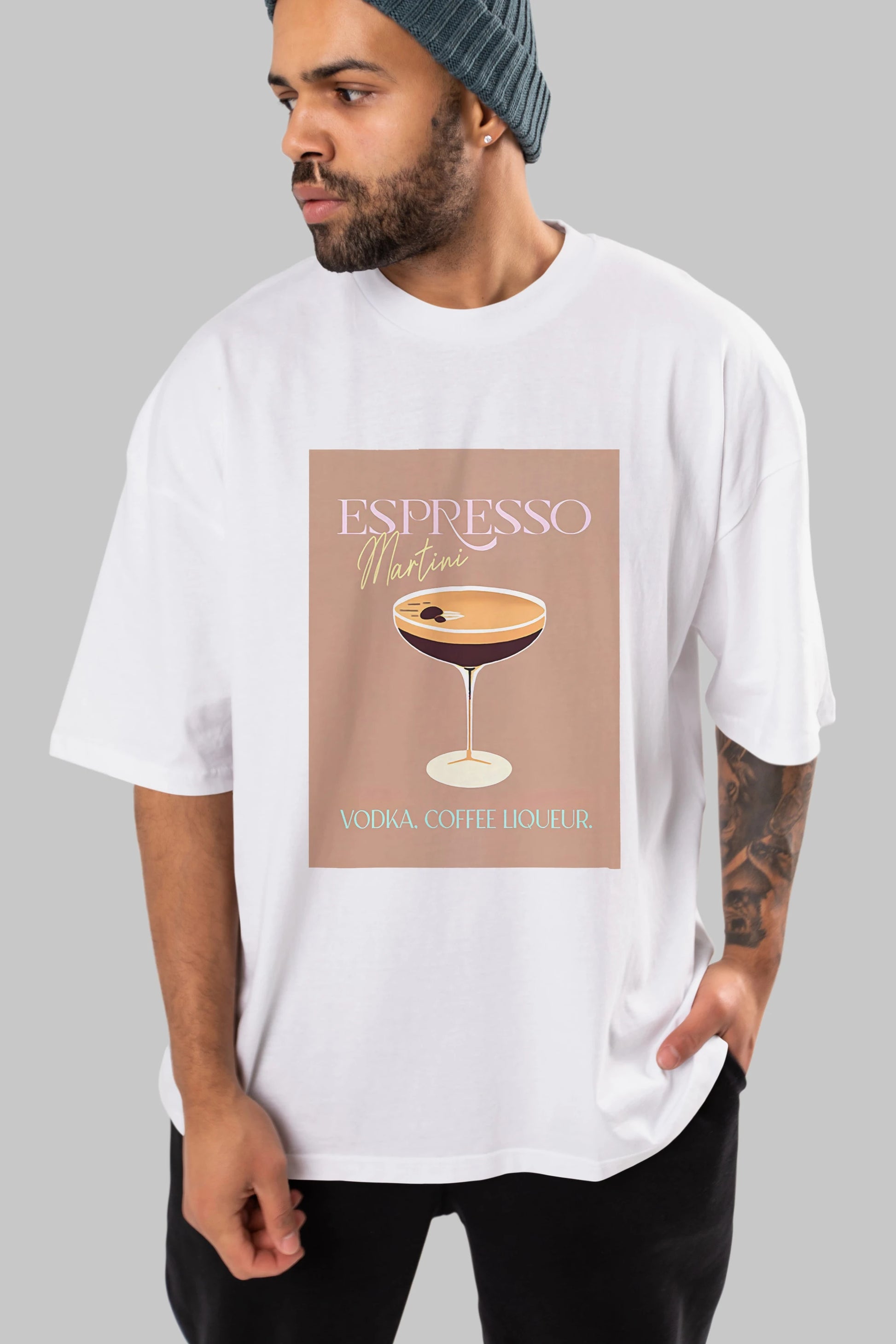 Espresso Martini Cocktail Ön Baskılı Oversize t-shirt Erkek Kadın Unisex %100 Pamuk Bisiklet Yaka tişort