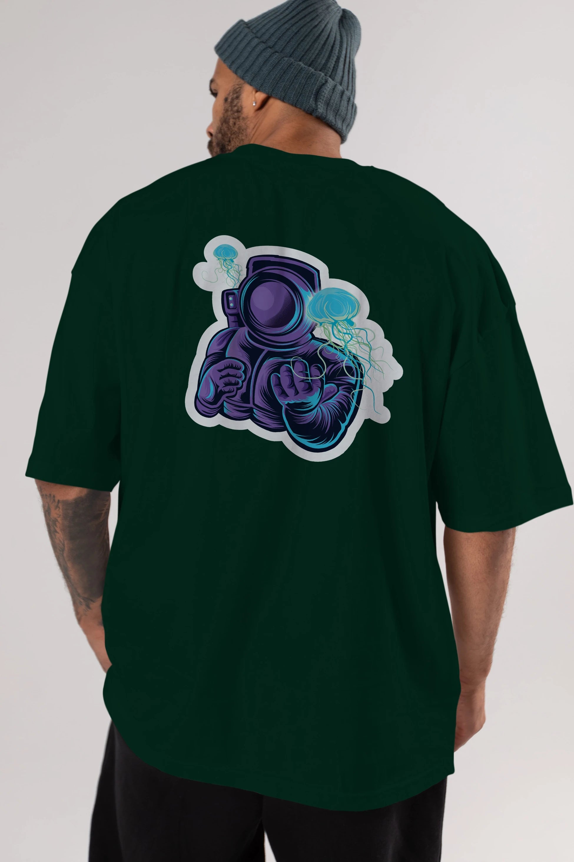 Astronaut and Jellyfish Sticker Arka Baskılı Oversize t-shirt Erkek Kadın Unisex