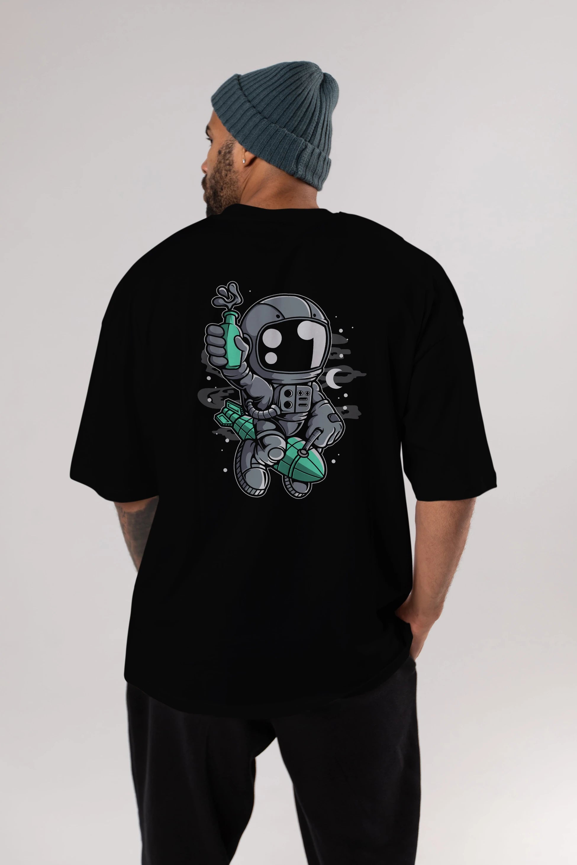Astronaut Rocket Arka Baskılı Oversize t-shirt Erkek Kadın Unisex