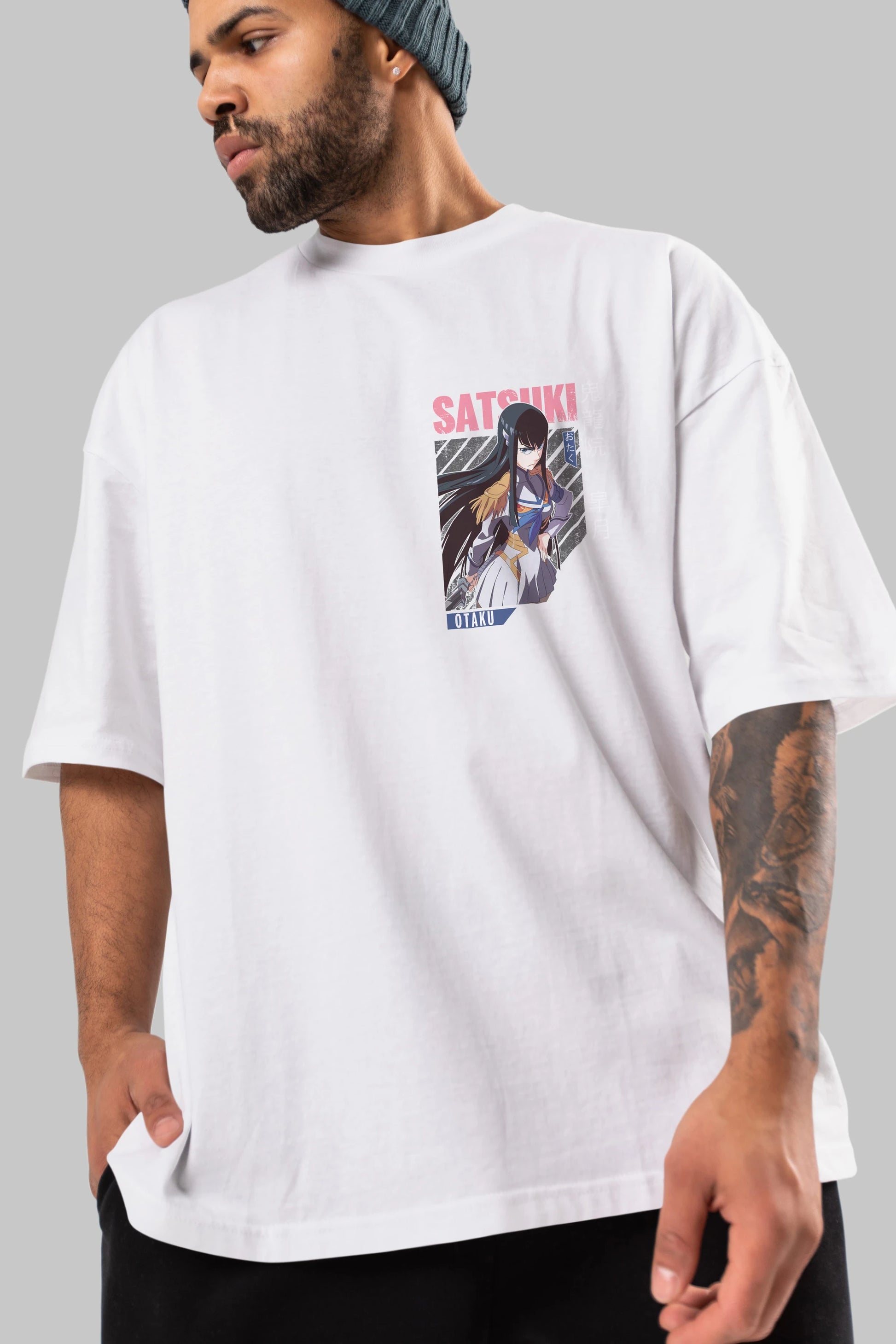 Satsuki Kiryuuin 8 Ön Sol Baskılı Oversize t-shirt Erkek Kadın Unisex %100 Pamuk Bisiklet Yaka tişort