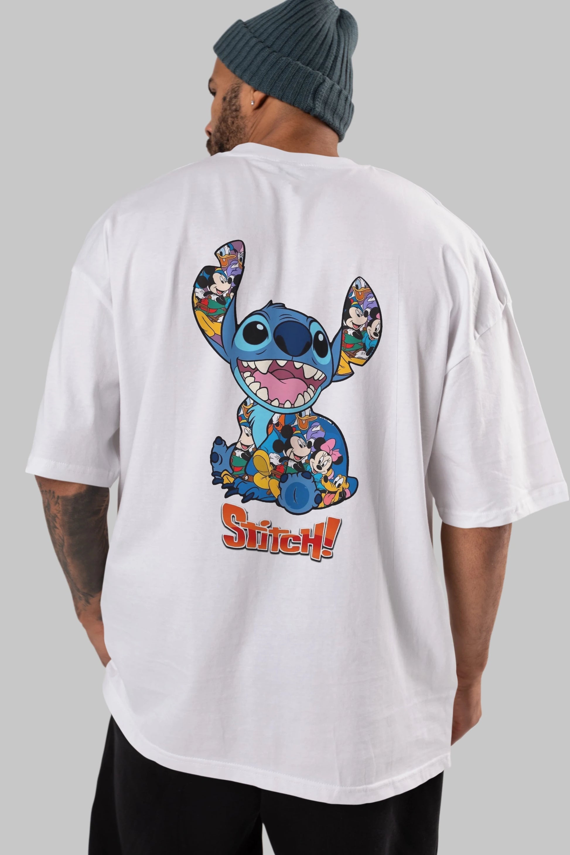 Stitch Arka Baskılı Oversize t-shirt Erkek Kadın Unisex %100 Pamuk Bisiklet Yaka tişort