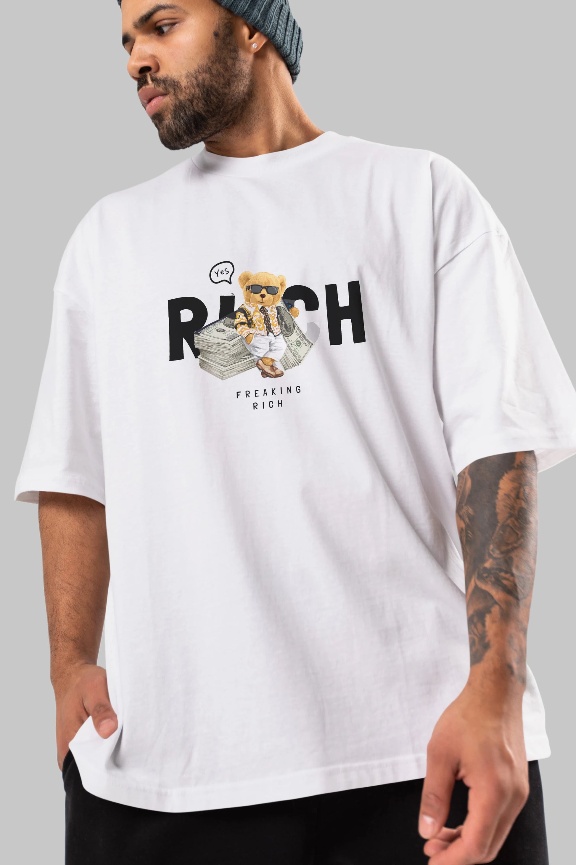 Teddy Bear Freakıng Rich Ön Baskılı Oversize t-shirt Erkek Kadın Unisex %100 Pamuk