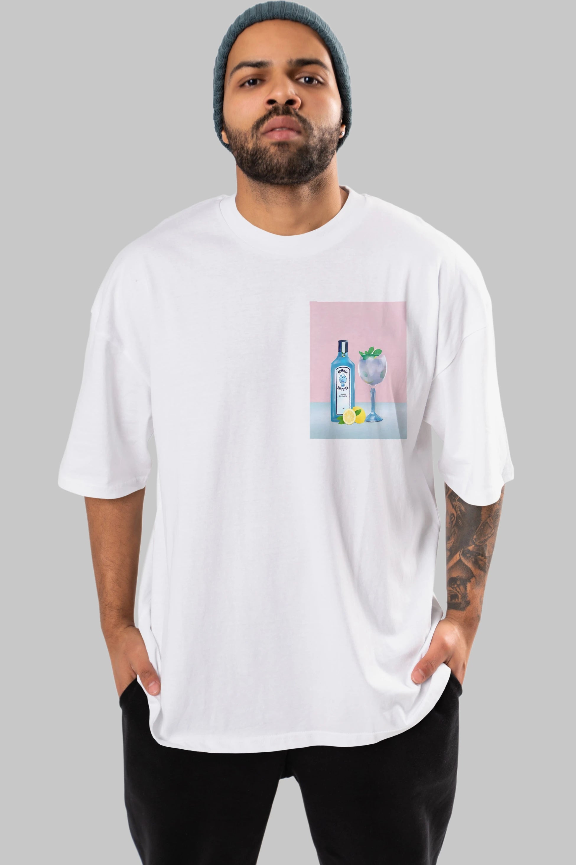 Bombay Sapphire Dry Gin Ön Sol Baskılı Oversize t-shirt Erkek Kadın Unisex %100 Pamuk Bisiklet Yaka tişort