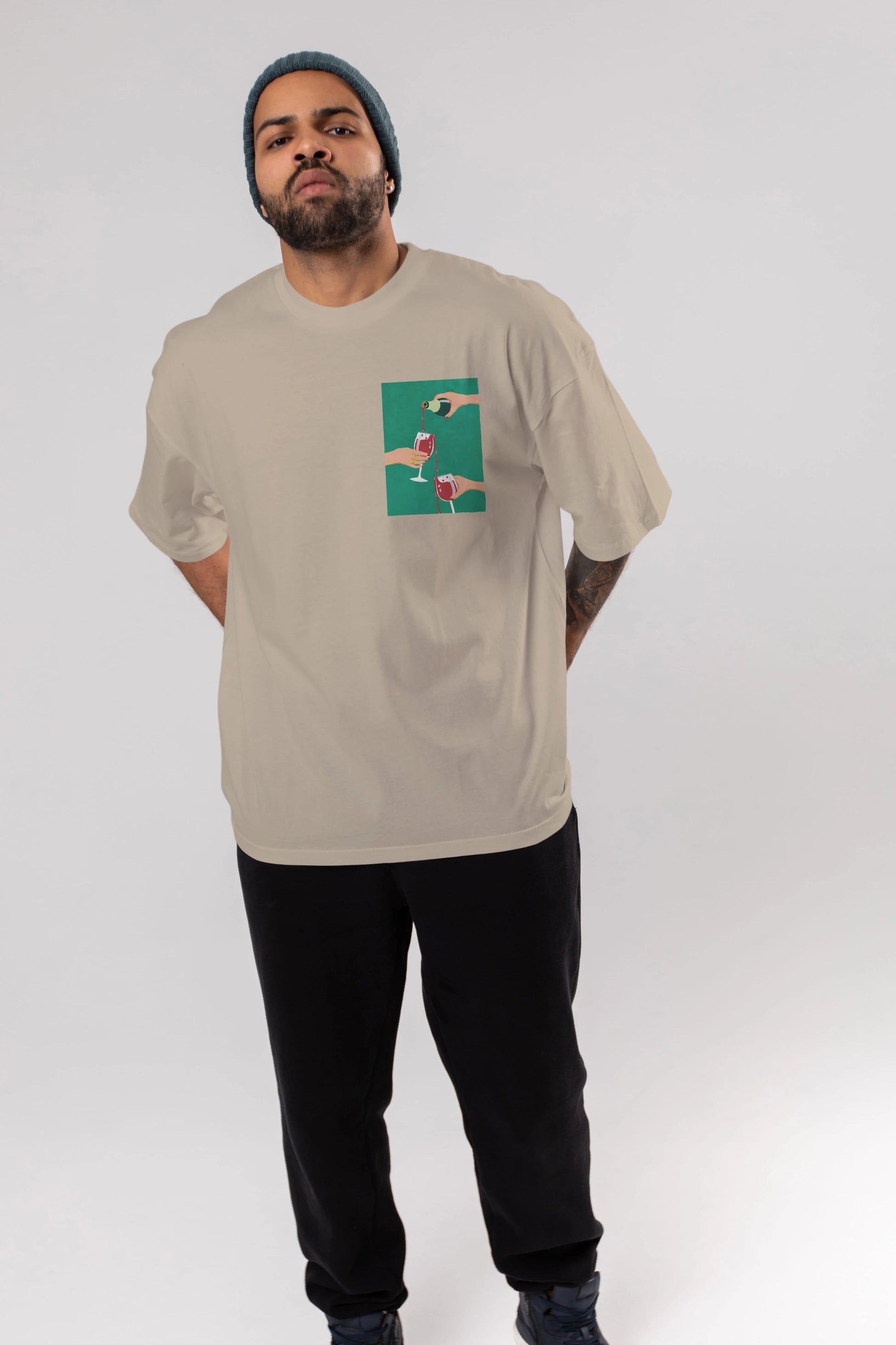 Wine 2 Ön Sol Baskılı Oversize t-shirt Erkek Kadın Unisex %100 Pamuk Bisiklet Yaka tişort