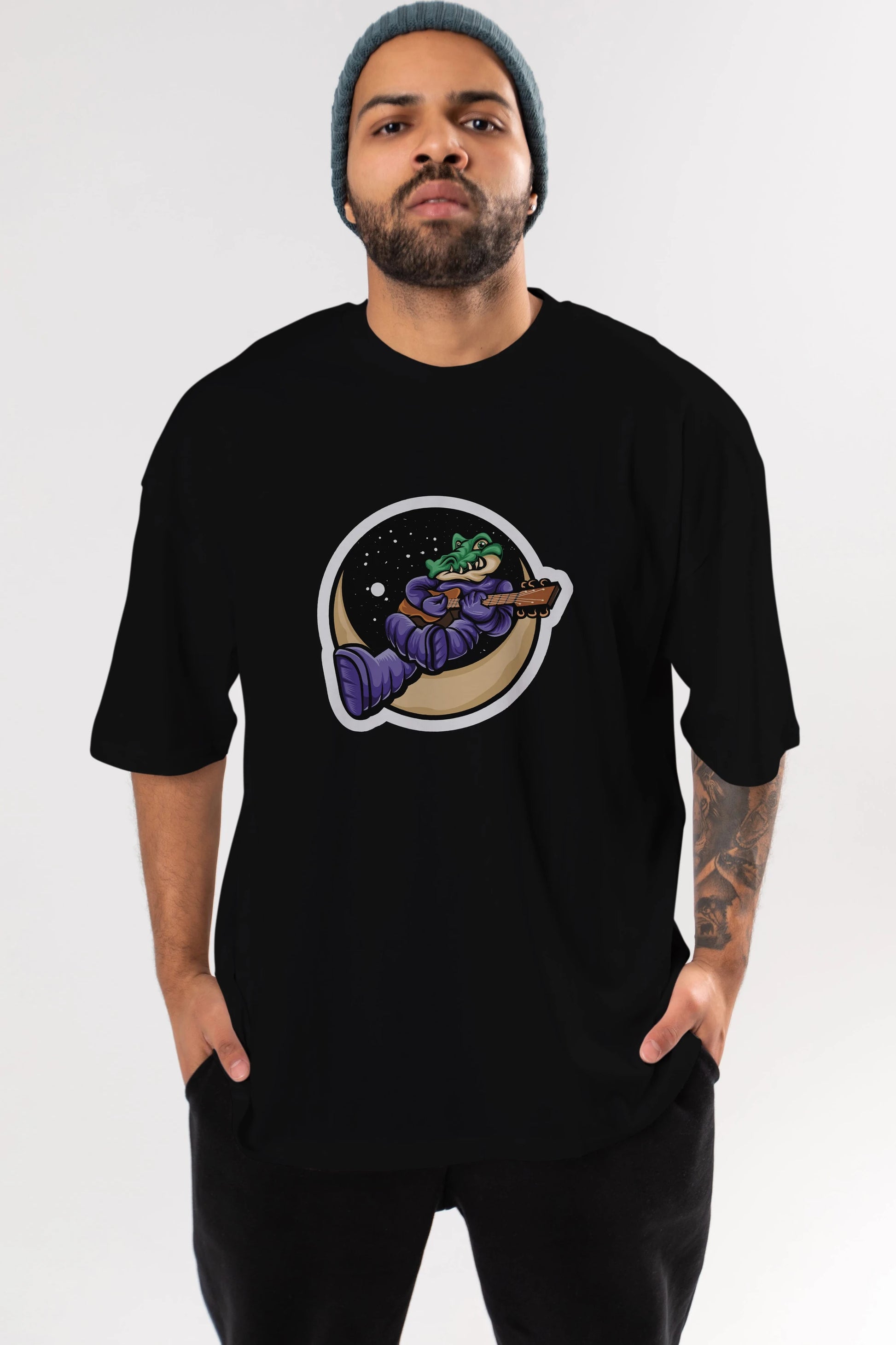 Space Crocodile Sticker Ön Baskılı Oversize t-shirt Erkek Kadın Unisex