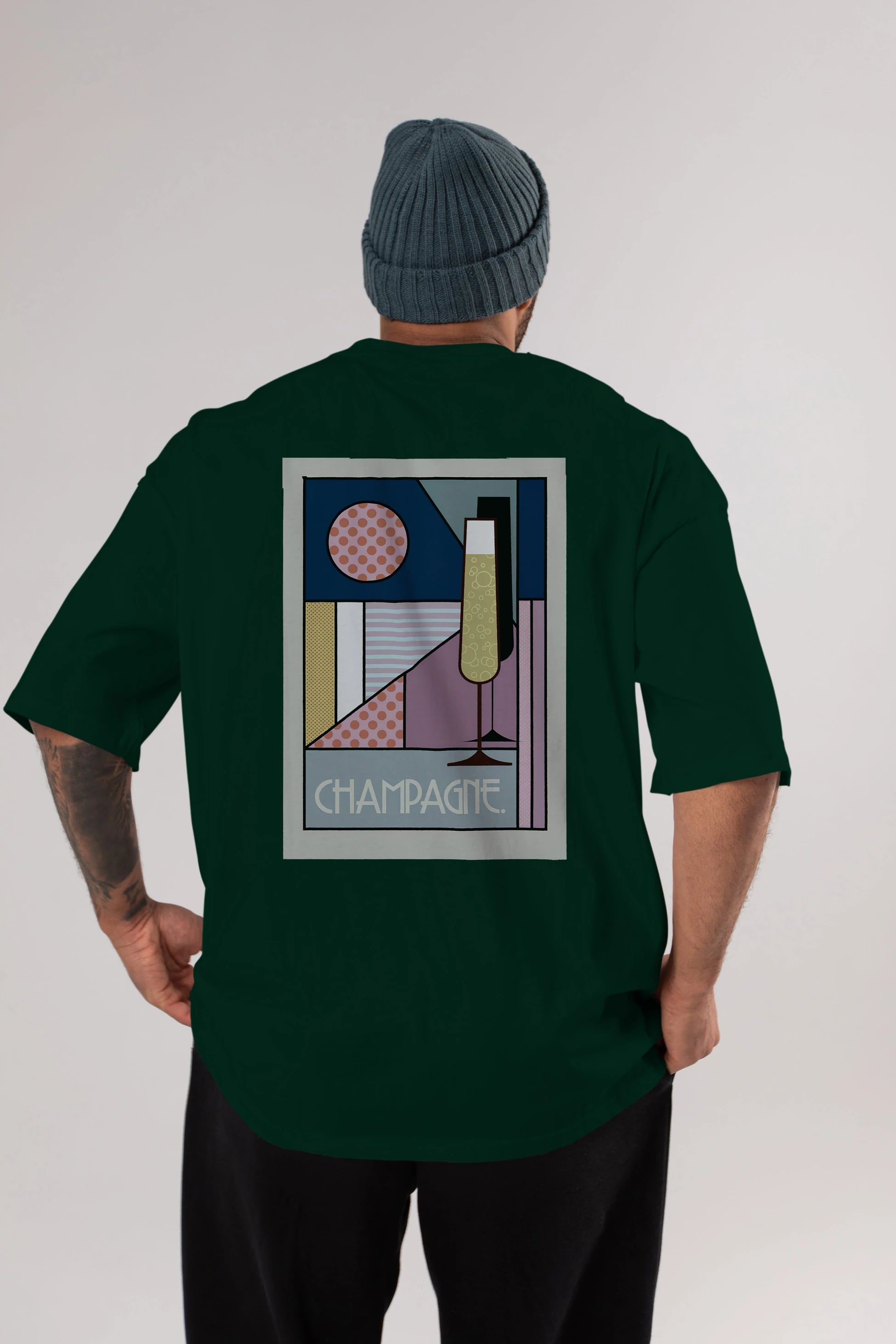 Champagne Arka Baskılı Oversize t-shirt Erkek Kadın Unisex %100 Pamuk Bisiklet Yaka tişort