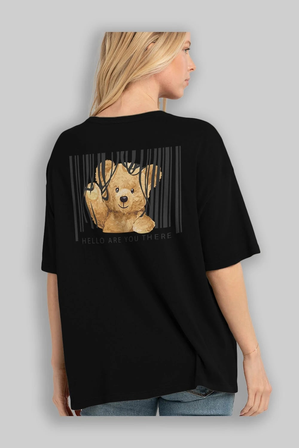 Teddy Bear Hello Arka Baskılı Oversize t-shirt Erkek Kadın Unisex %100 Pamuk